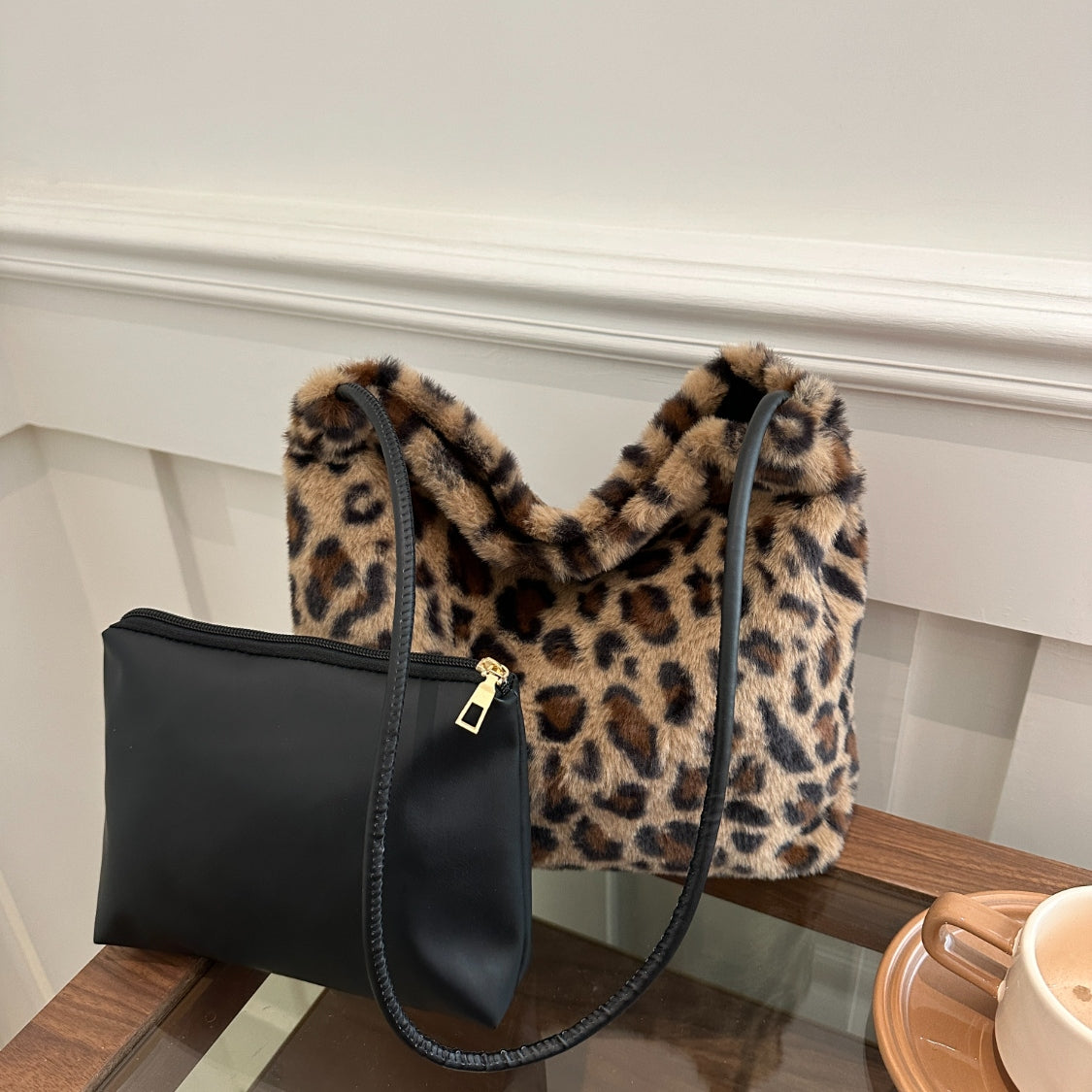 Blue Zone Planet | Leopard Furry Shoulder Bag-HANDBAGS-[Adult]-[Female]-2022 Online Blue Zone Planet