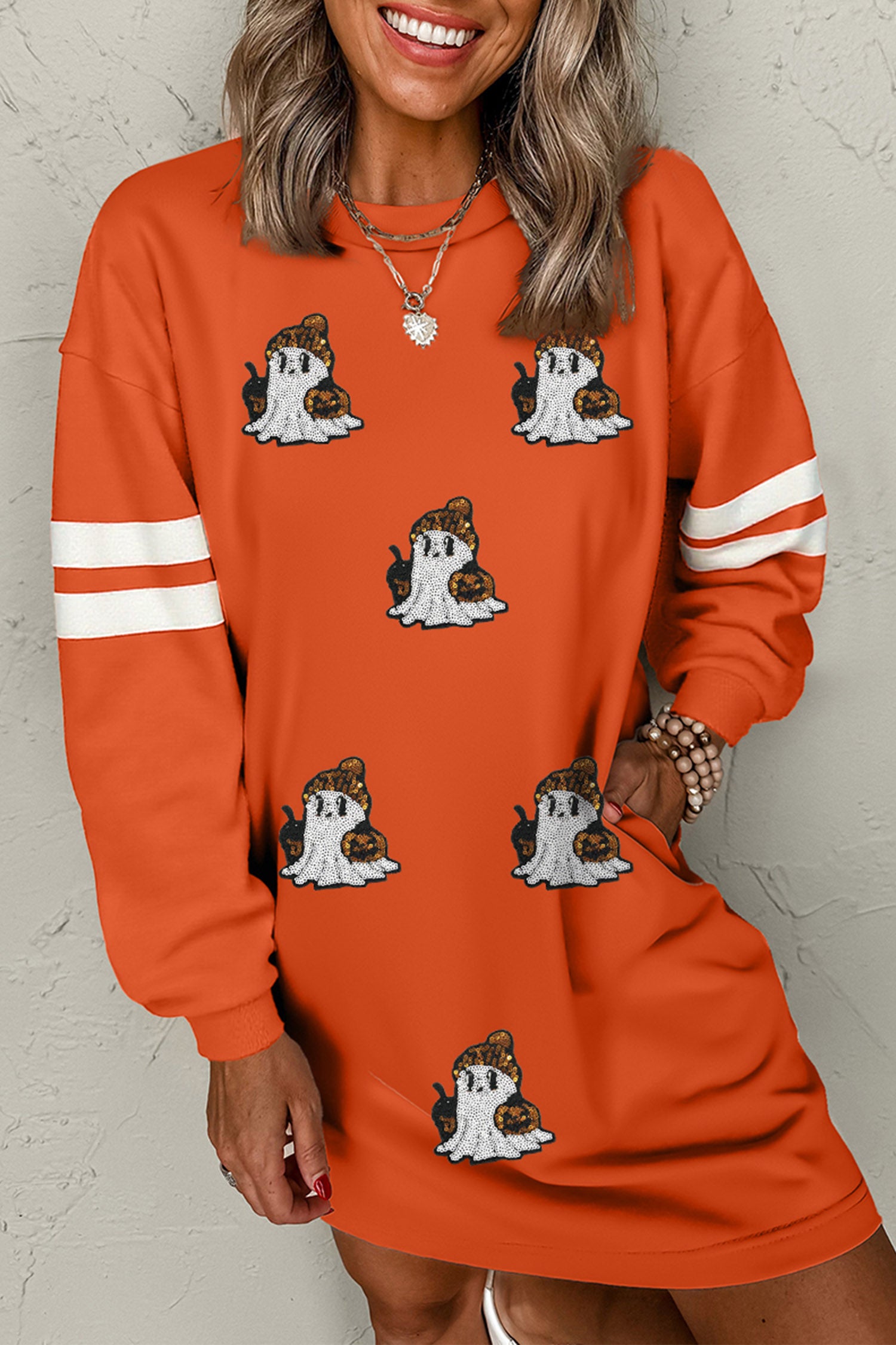 Orange Sequin Ghost Pattern Varsity Sleeve Sweatshirt Mini Dress with Pockets-Graphic/Graphic Dresses-[Adult]-[Female]-2022 Online Blue Zone Planet