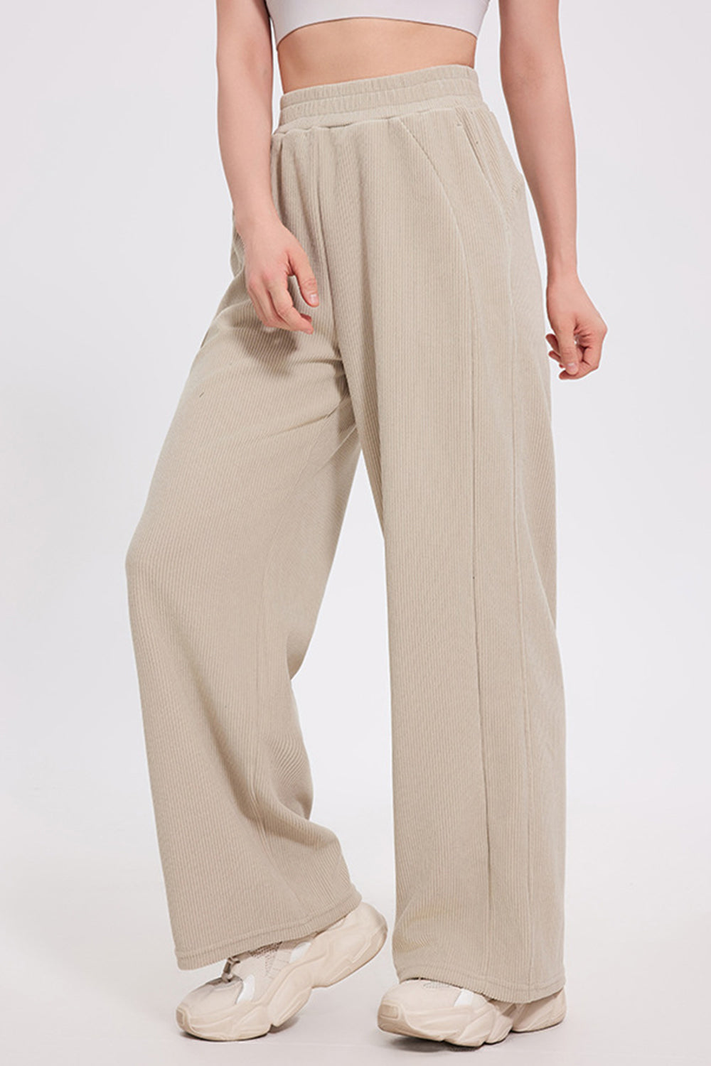 Basic Bae Elastic Waist Wide Leg Pants-BOTTOM SIZES SMALL MEDIUM LARGE-[Adult]-[Female]-Khaki-S-2022 Online Blue Zone Planet