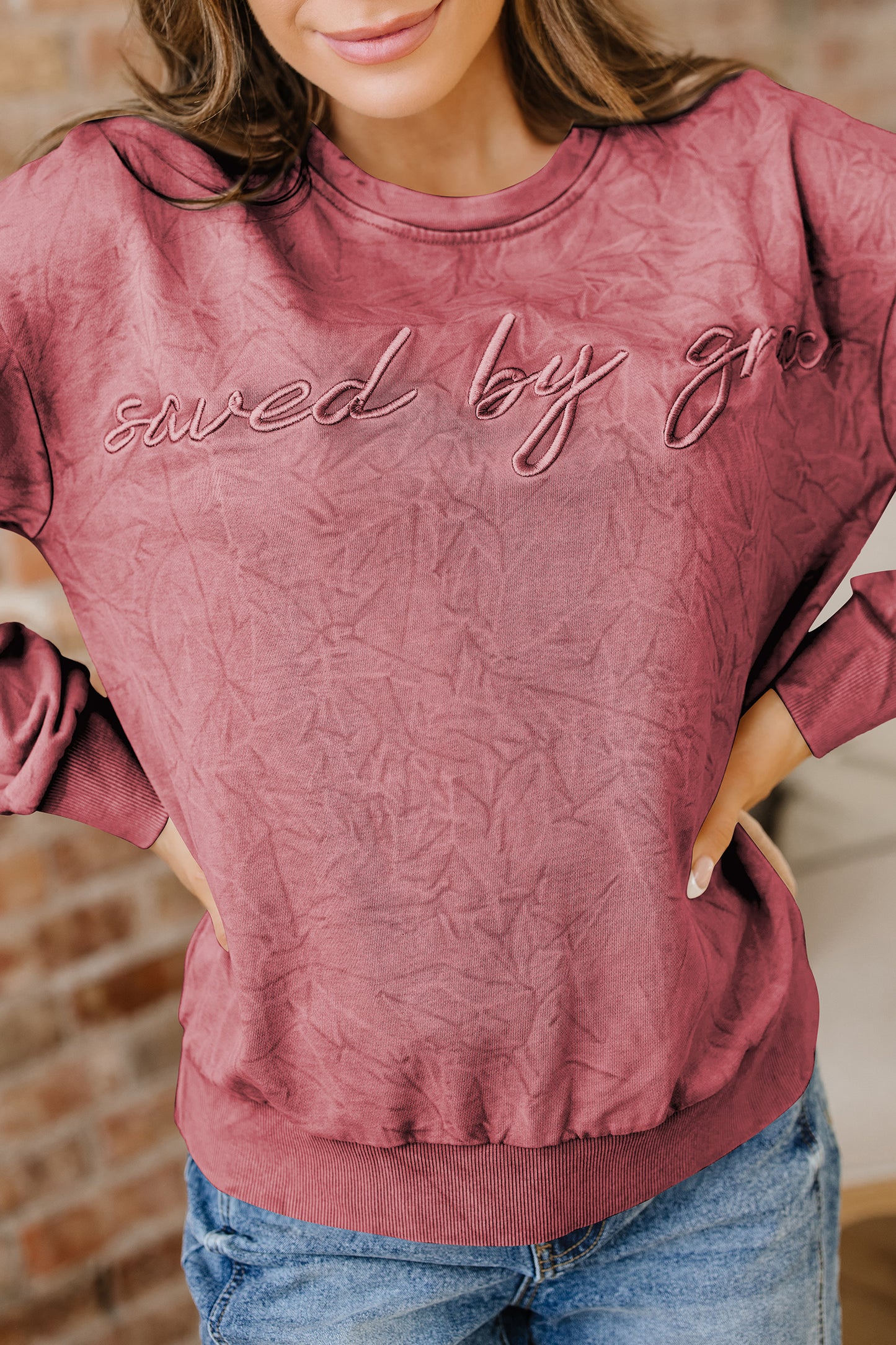 Mineral Red Saved By Grace Letter Embroidery Mineral Wash Loose Sweatshirt