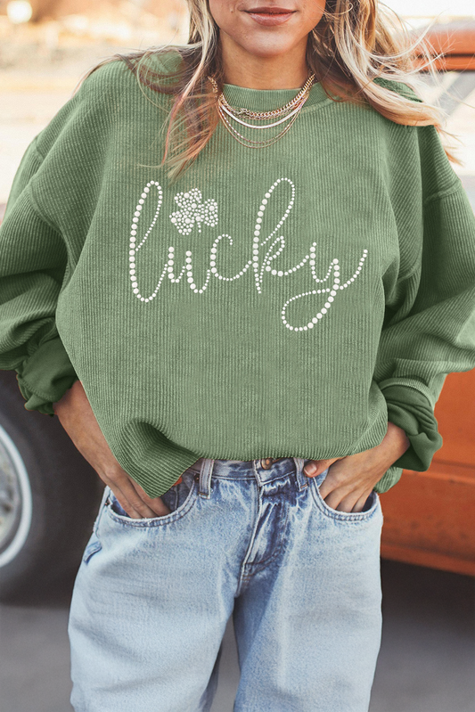 Grass Green Rhinestone lucky Clover Graphic Ribbed St Patrick Sweatshirt-Graphic Sweatshirts-[Adult]-[Female]-Grass Green-S-2022 Online Blue Zone Planet