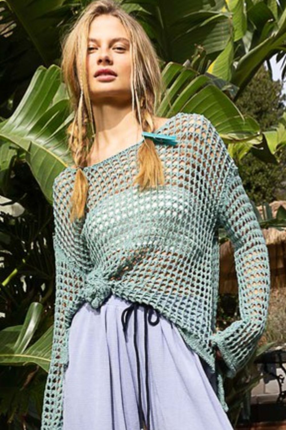 POL Side Slit Openwork Long Sleeve Knit Cover Up-TOPS / DRESSES-[Adult]-[Female]-2022 Online Blue Zone Planet