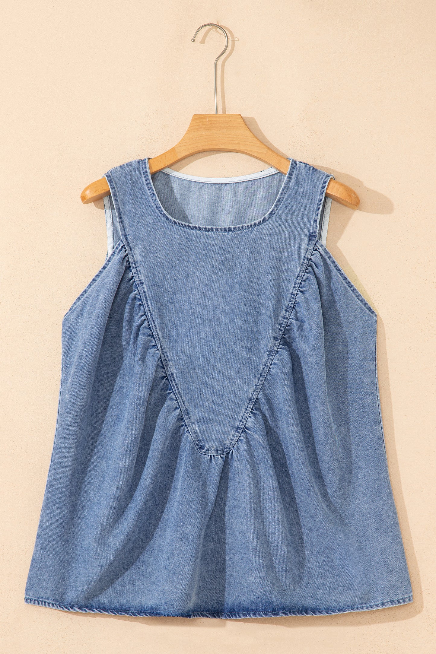 Myosotis Denim Pleated Patchwork Sleeveless Top-Tops/Tank Tops-[Adult]-[Female]-2022 Online Blue Zone Planet