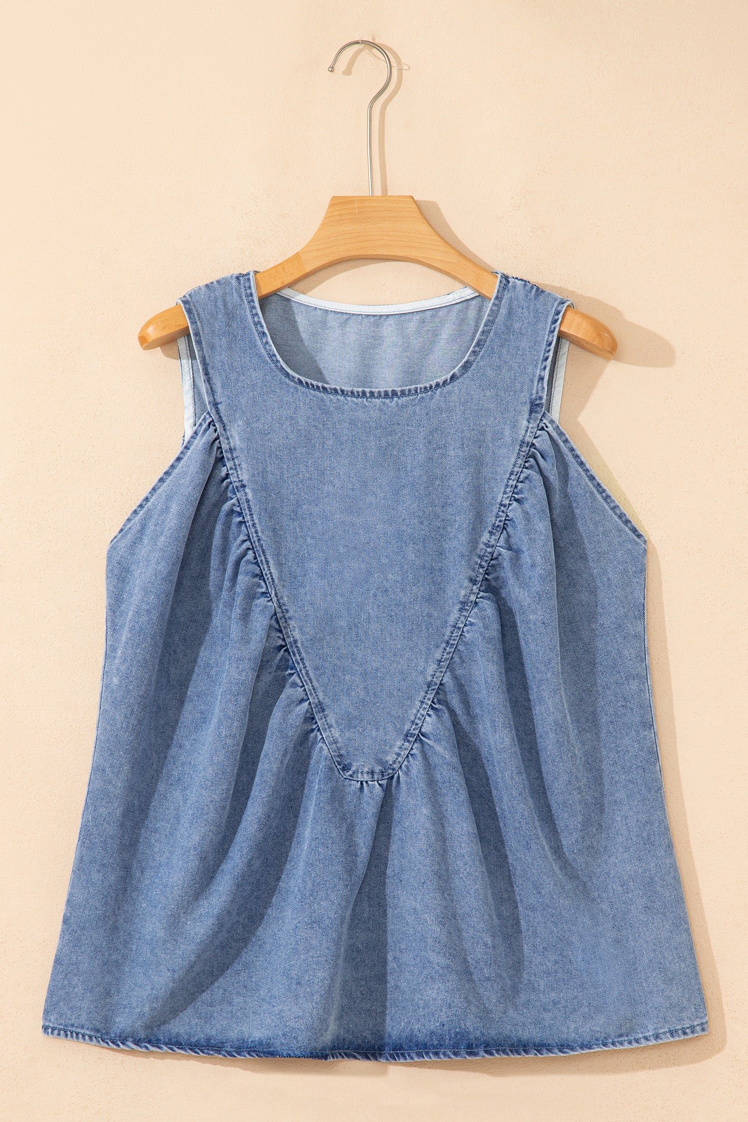 Myosotis Denim Pleated Patchwork Sleeveless Top-Tops/Tank Tops-[Adult]-[Female]-2022 Online Blue Zone Planet