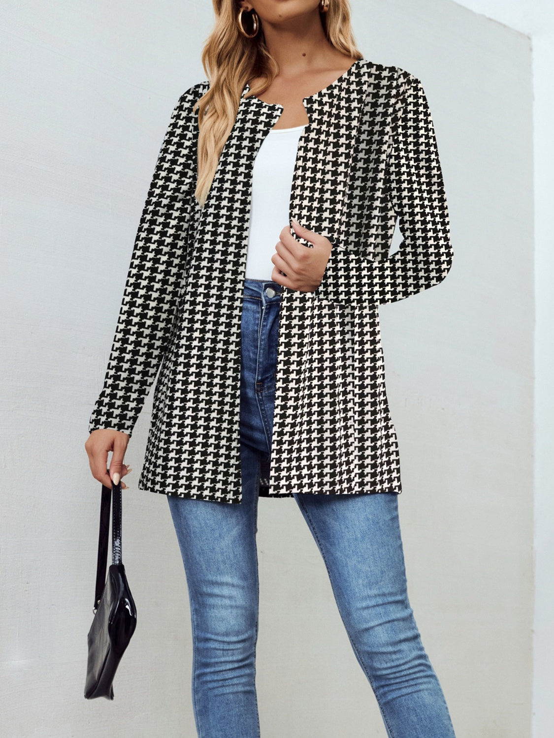 Houndstooth Open Front Long Sleeve Jacket-TOPS / DRESSES-[Adult]-[Female]-2022 Online Blue Zone Planet