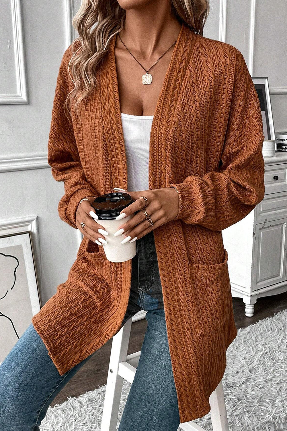 Canton Textured Knit Side Pockets Open Front Cardigan-Sweaters & Cardigans/Cardigans-[Adult]-[Female]-2022 Online Blue Zone Planet