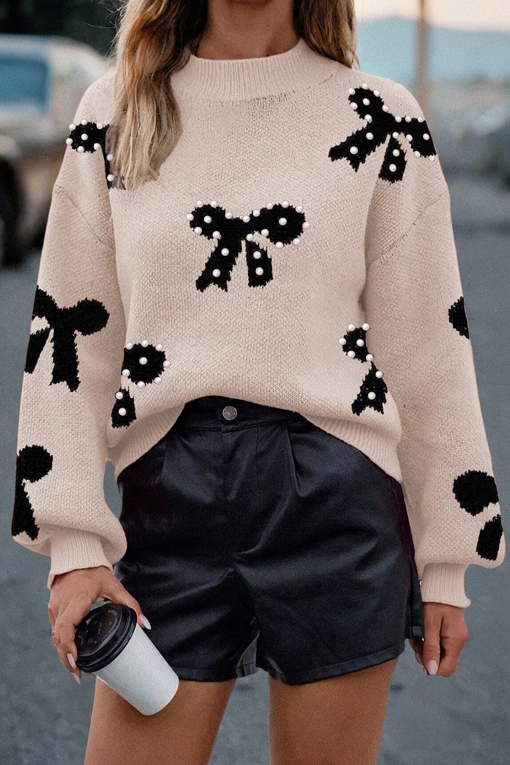 Smoke Gray Pearl Embellished Bow Pattern Loose Sweater-TOPS / DRESSES-[Adult]-[Female]-2022 Online Blue Zone Planet