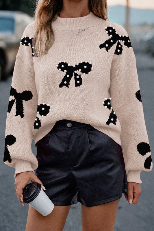 Smoke Gray Pearl Embellished Bow Pattern Loose Sweater-TOPS / DRESSES-[Adult]-[Female]-2022 Online Blue Zone Planet