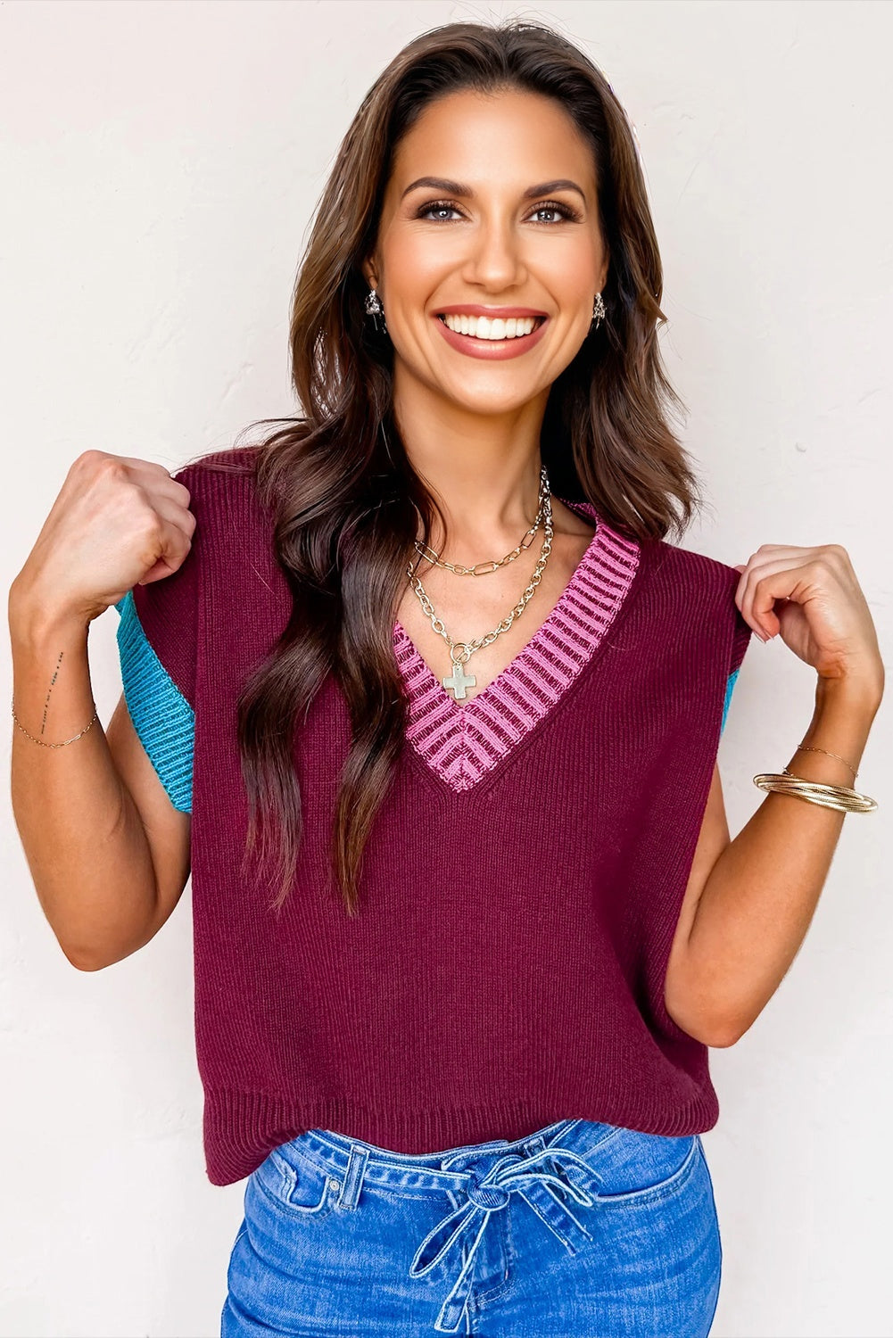 Burgundy Contrast Trim V Neck Cuffed Short Sleeve Loose Sweater-TOPS / DRESSES-[Adult]-[Female]-2022 Online Blue Zone Planet