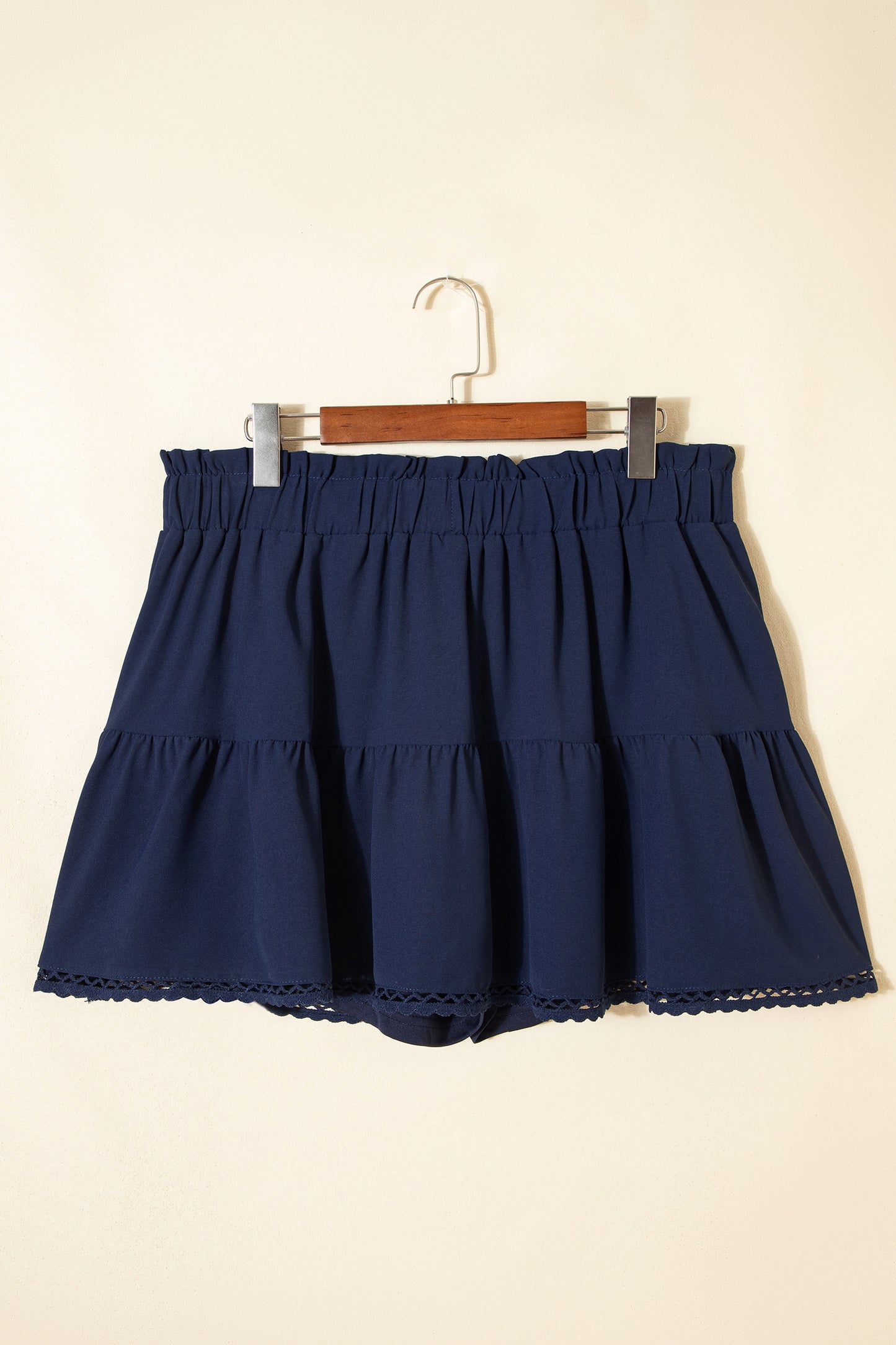 Navy Blue Plus Size Frilled Elastic Waist Lace Trim Boho Ruffled Shorts-Plus Size/Plus Size Bottoms-[Adult]-[Female]-2022 Online Blue Zone Planet