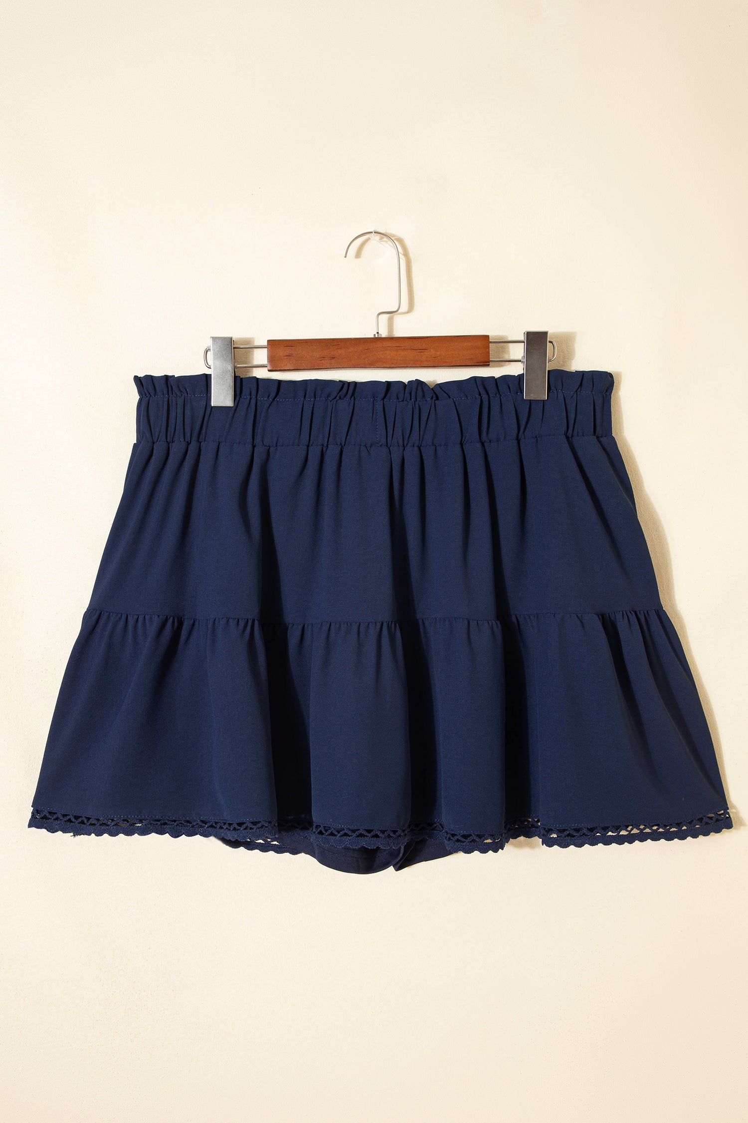 Navy Blue Plus Size Frilled Elastic Waist Lace Trim Boho Ruffled Shorts-Plus Size/Plus Size Bottoms-[Adult]-[Female]-2022 Online Blue Zone Planet