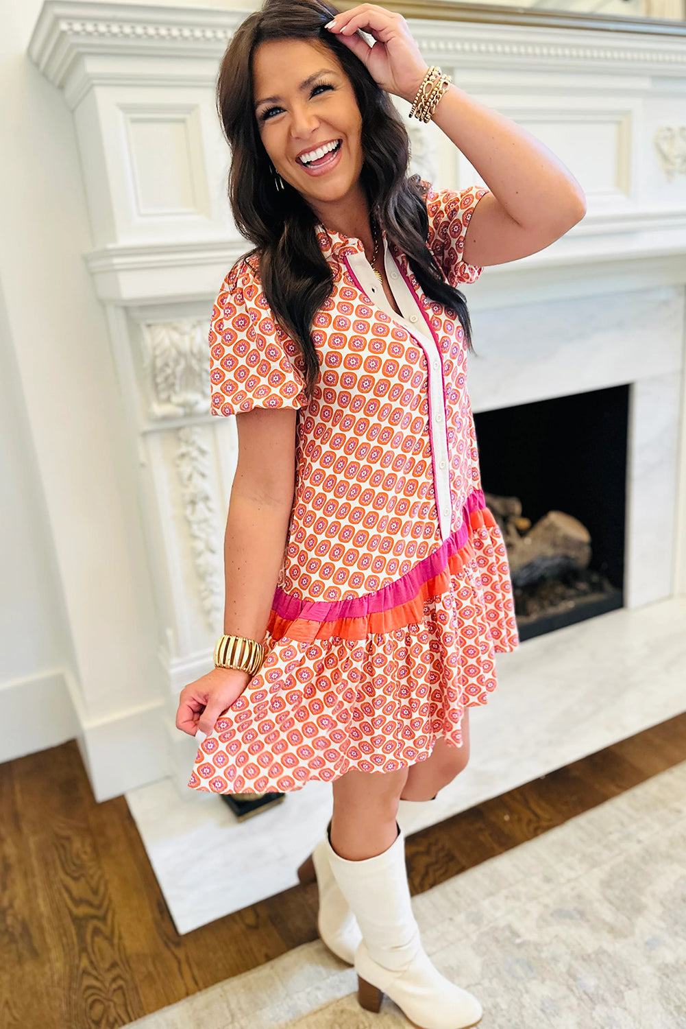 Orange Geometric Floral Print Color Block Trim Button Front Ruffle Hem Dress-Dresses/Floral Dresses-[Adult]-[Female]-2022 Online Blue Zone Planet