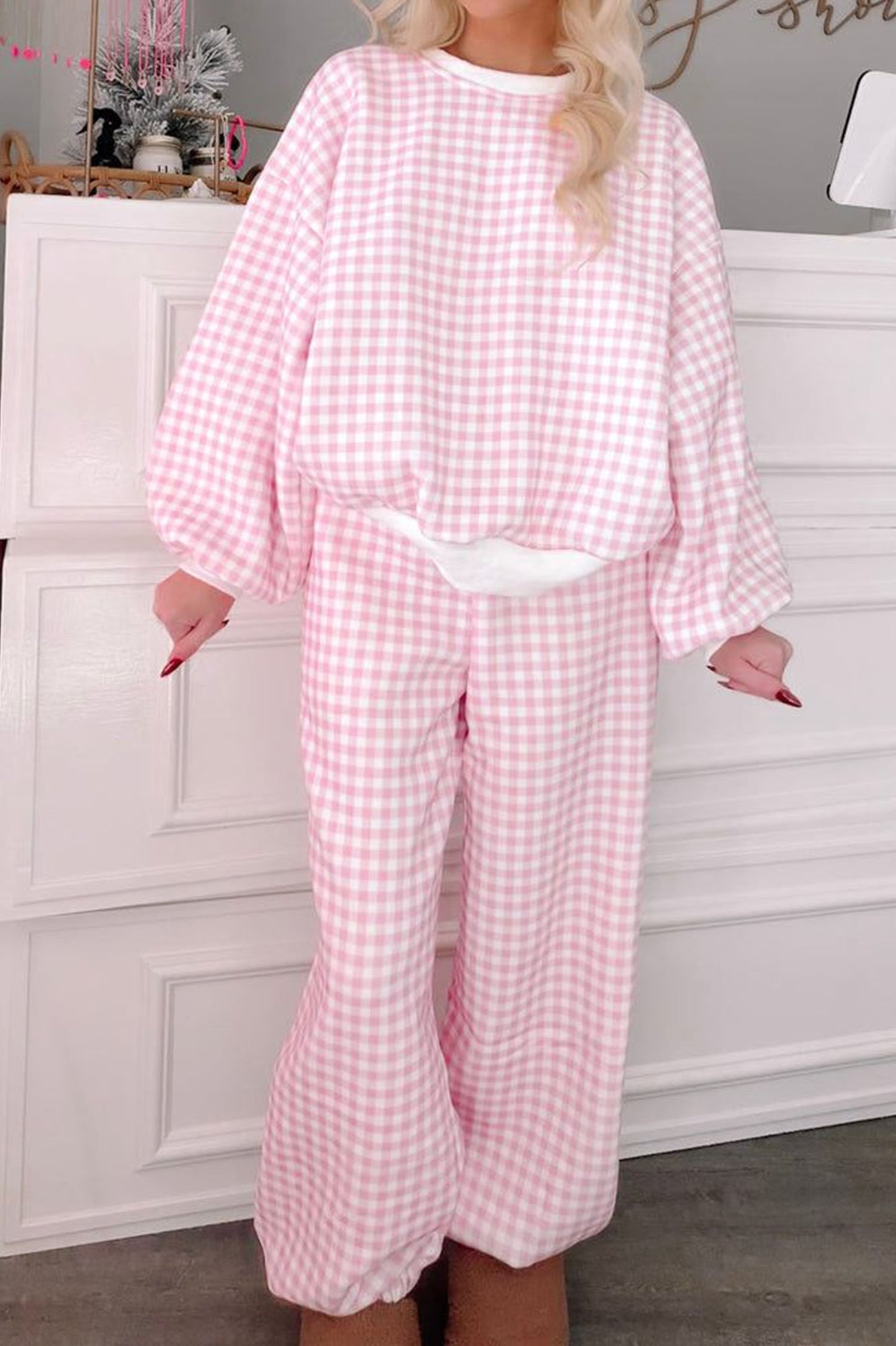 Pink Plaid Long Sleeve Two Piece Pant Set-Two Piece Sets/Pant Sets-[Adult]-[Female]-Pink-S-2022 Online Blue Zone Planet