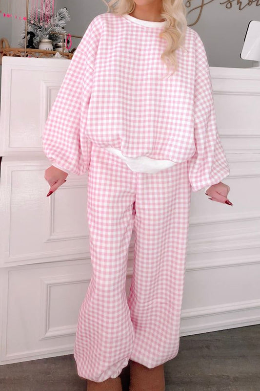 Pink Plaid Long Sleeve Two Piece Pant Set-Two Piece Sets/Pant Sets-[Adult]-[Female]-Pink-S-2022 Online Blue Zone Planet