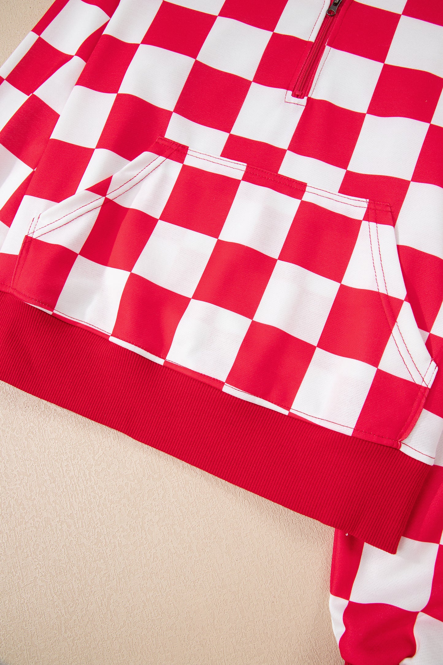 Red Checkered Print Half Zip Hoodie Loose Pant Set-Tops / Dresses-[Adult]-[Female]-2022 Online Blue Zone Planet