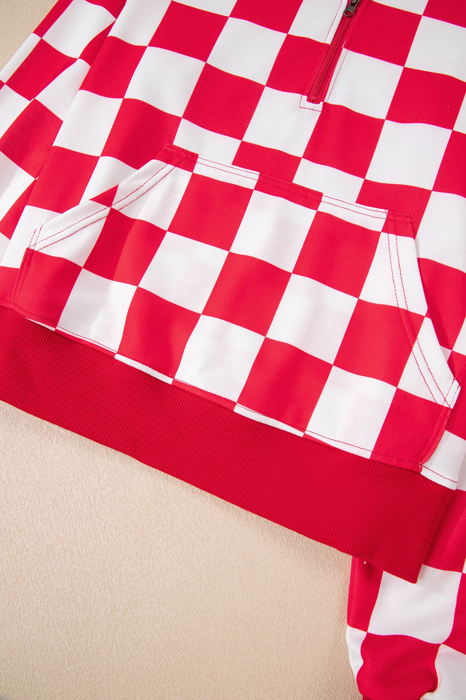 Red Checkered Print Half Zip Hoodie Loose Pant Set-Tops / Dresses-[Adult]-[Female]-2022 Online Blue Zone Planet