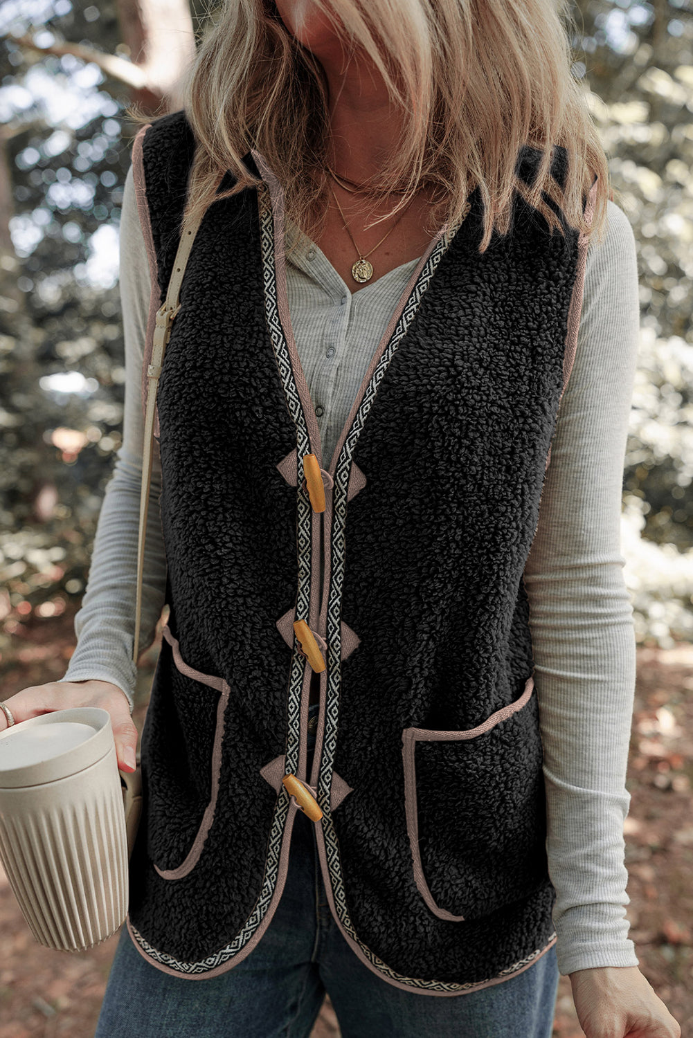 Dark Grey Sherpa Contrast Trim Patch Pocket Cartridge Toggle Button Vest-Outerwear/Vests-[Adult]-[Female]-2022 Online Blue Zone Planet