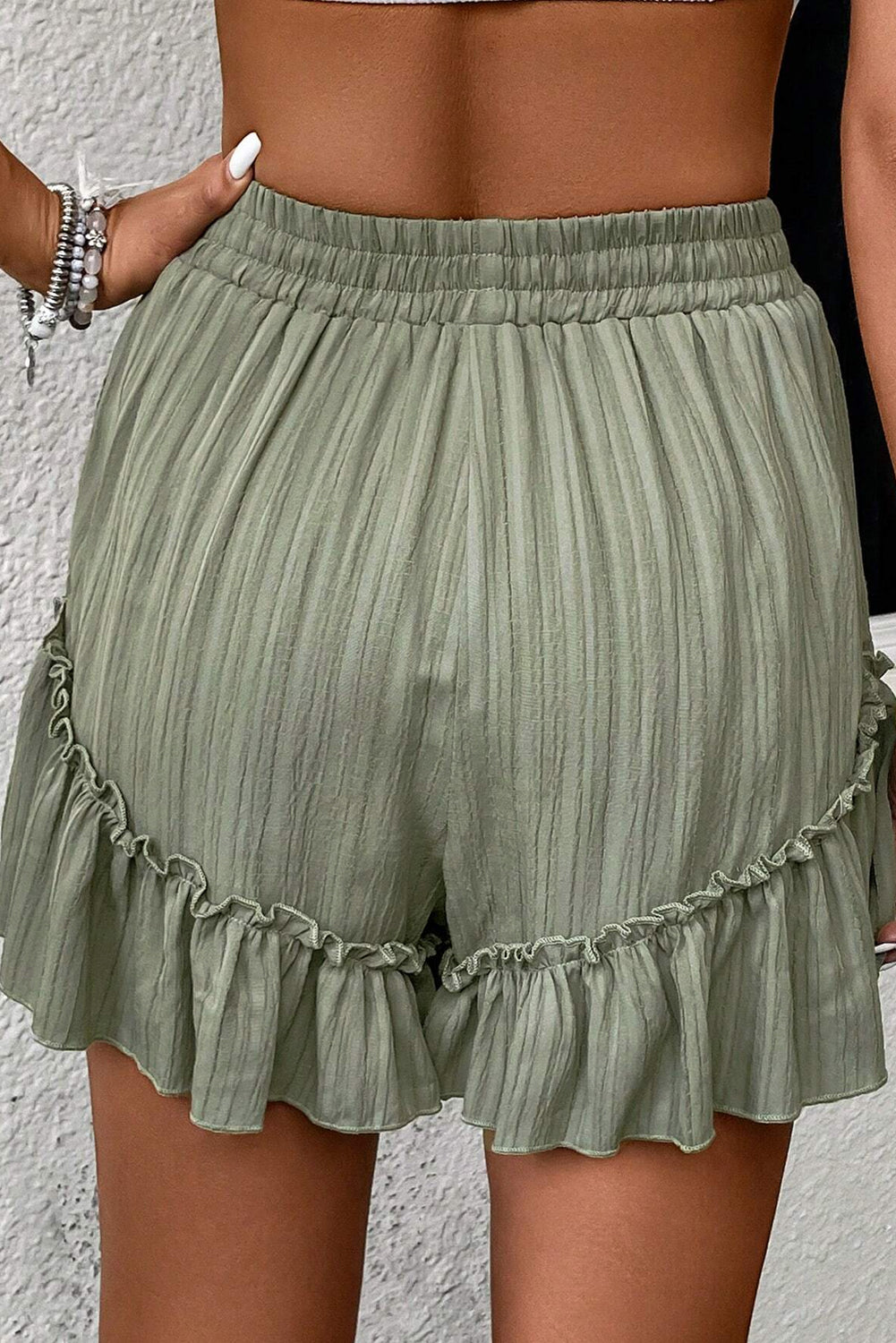 Laurel Green Textured Tie Waist Ruffle Hem Shorts-Bottoms/Casual Shorts-[Adult]-[Female]-2022 Online Blue Zone Planet