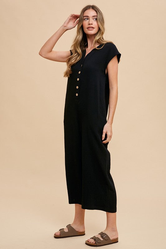 Annie Wear Button Detail Wide Leg Jumpsuit with Pockets-TOPS / DRESSES-[Adult]-[Female]-2022 Online Blue Zone Planet