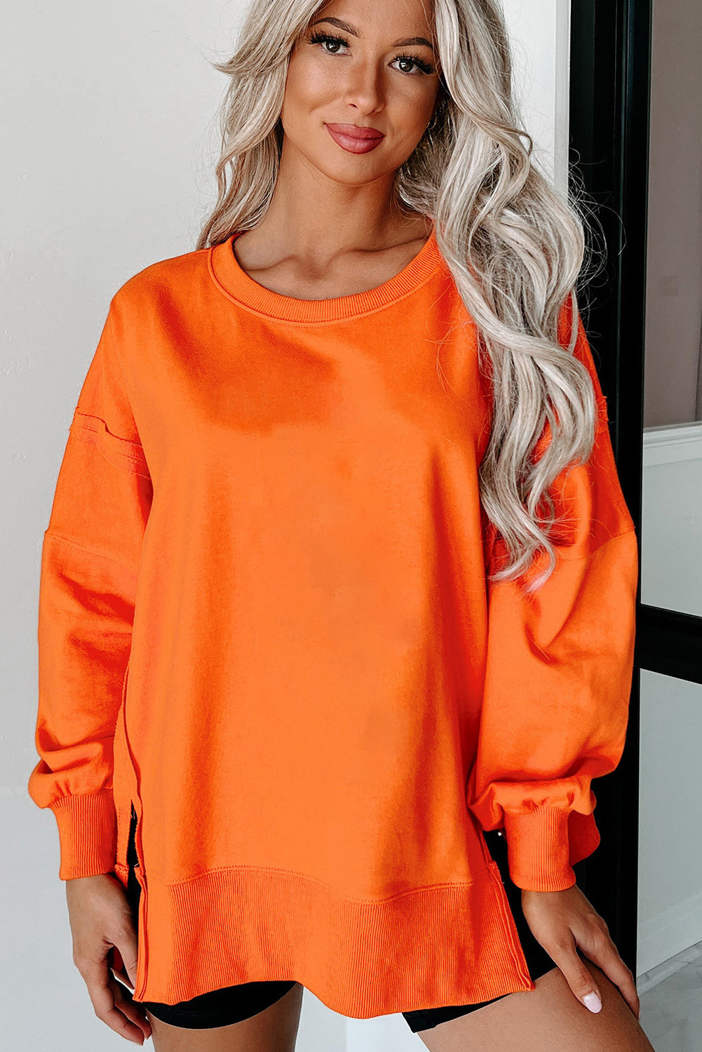 Carrot Exposed Seam Drop Shoulder Round Neck Sweatshirt with Slits-Tops/Sweatshirts & Hoodies-[Adult]-[Female]-2022 Online Blue Zone Planet