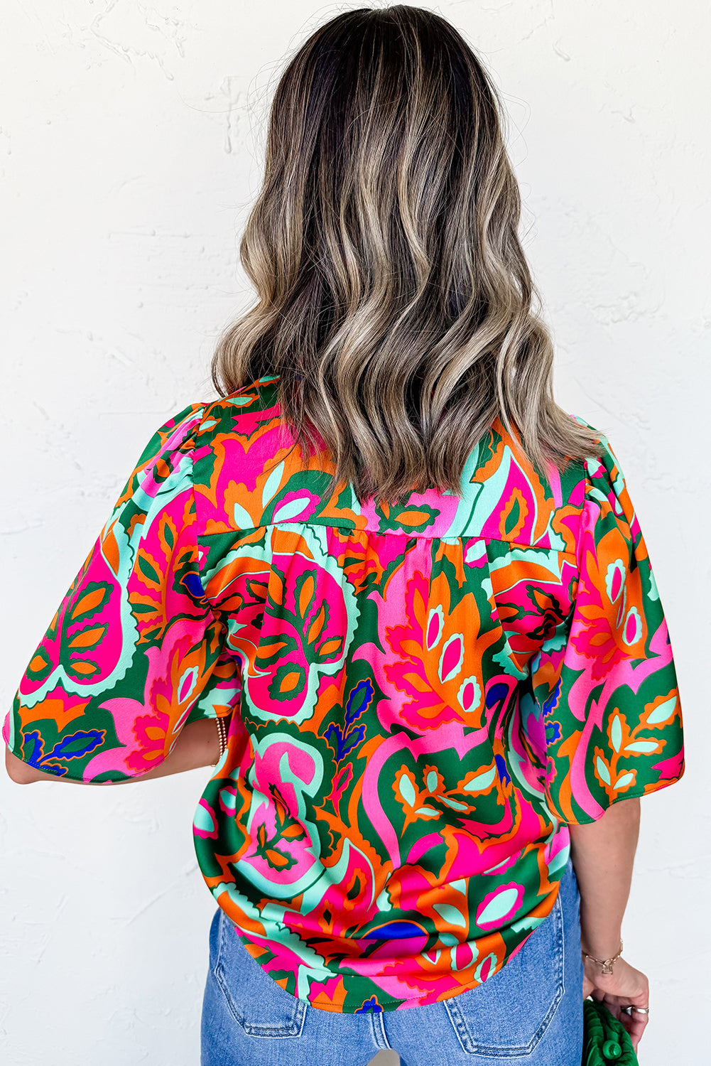 Rose Summer Plant Print Lace Up V Neck Short Sleeve Blouse-Tops/Blouses & Shirts-[Adult]-[Female]-2022 Online Blue Zone Planet