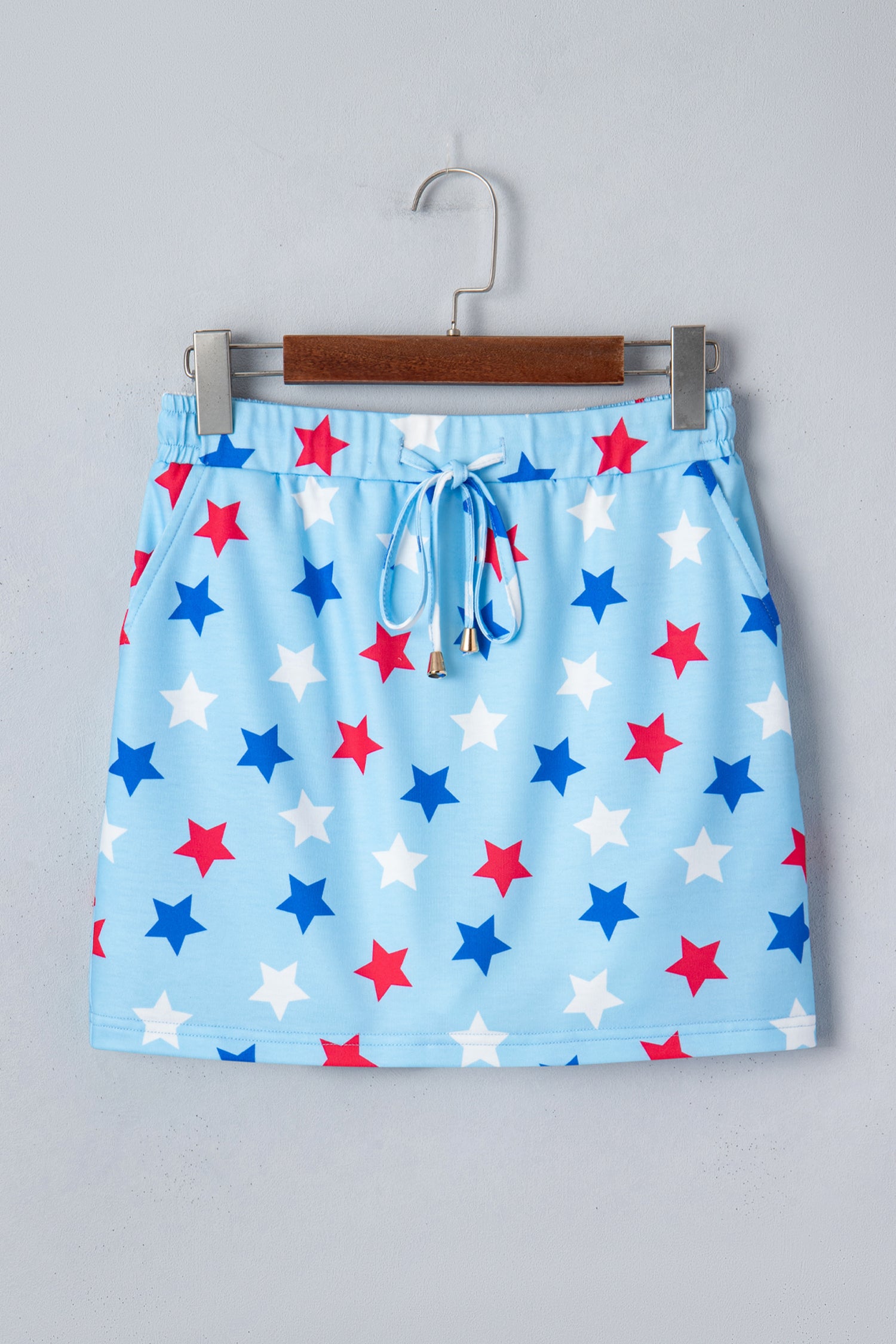 Sky Blue Patriotic Star Printed Beaded Drawstring Mini Skort-Bottoms/Casual Shorts-[Adult]-[Female]-2022 Online Blue Zone Planet