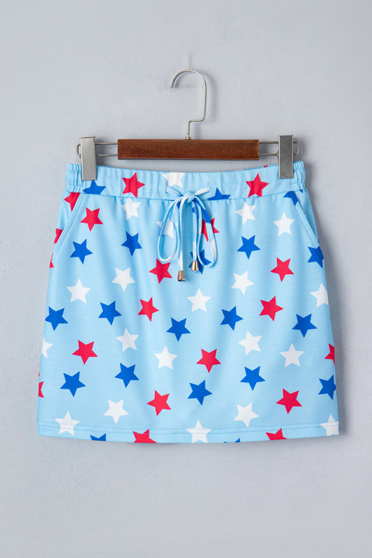 Sky Blue Patriotic Star Printed Beaded Drawstring Mini Skort-Bottoms/Casual Shorts-[Adult]-[Female]-2022 Online Blue Zone Planet