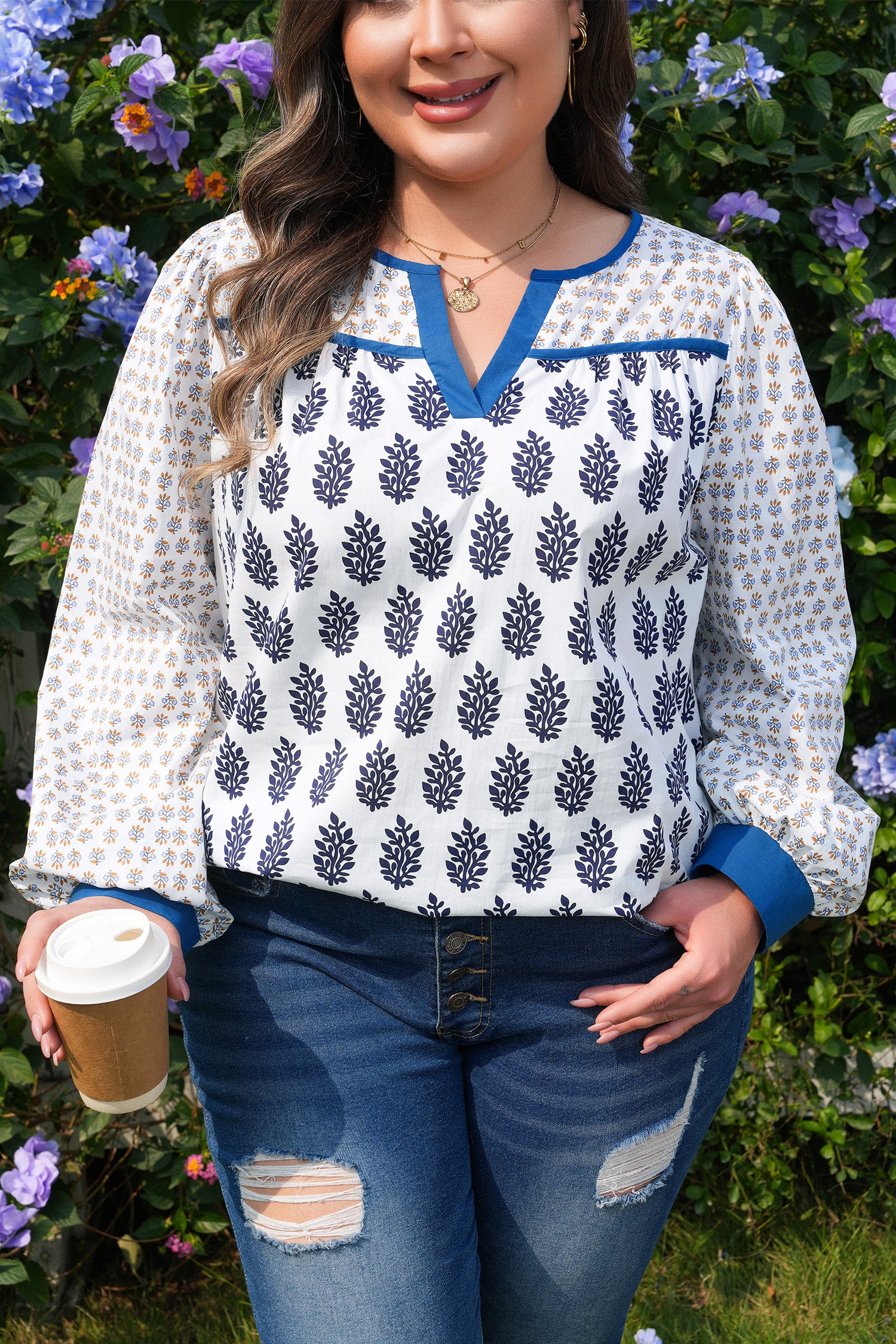 White Plus Size Boho Floral Print Contrast Trim Split Neck Puff Sleeve Patchwork Blouse-Plus Size/Plus Size Tops/Plus Size Blouses & Shirts-[Adult]-[Female]-2022 Online Blue Zone Planet