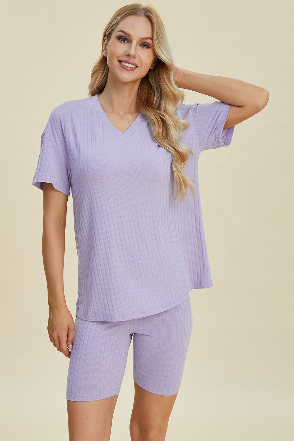 Basic Bae Full Size Ribbed V-Neck Short Sleeve Top and Shorts Set-TOPS / DRESSES-[Adult]-[Female]-2022 Online Blue Zone Planet