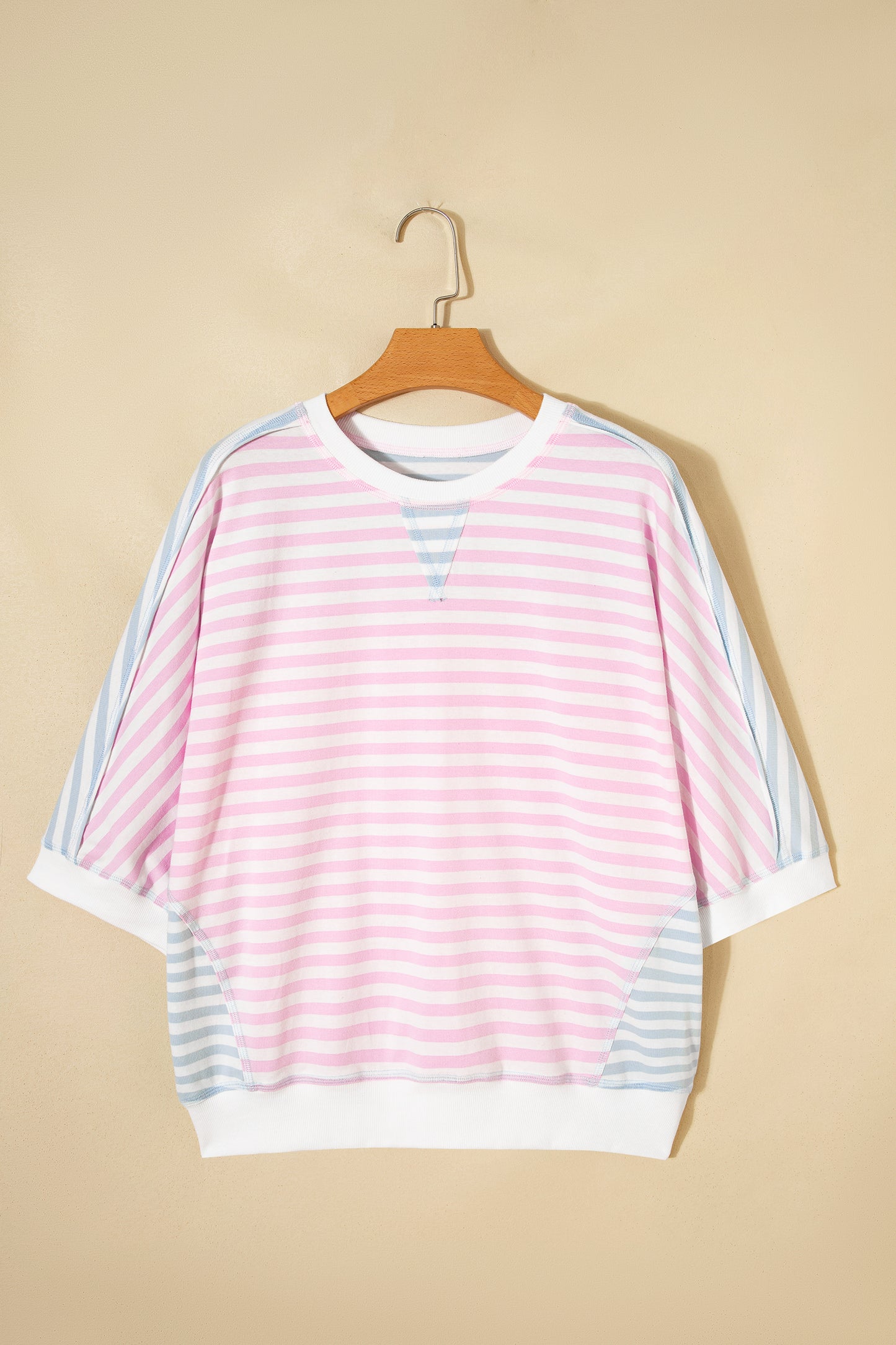 Casual Stripe Oversize Dolman Sleeve Patchwork T Shirt-Tops/Tops & Tees-[Adult]-[Female]-2022 Online Blue Zone Planet