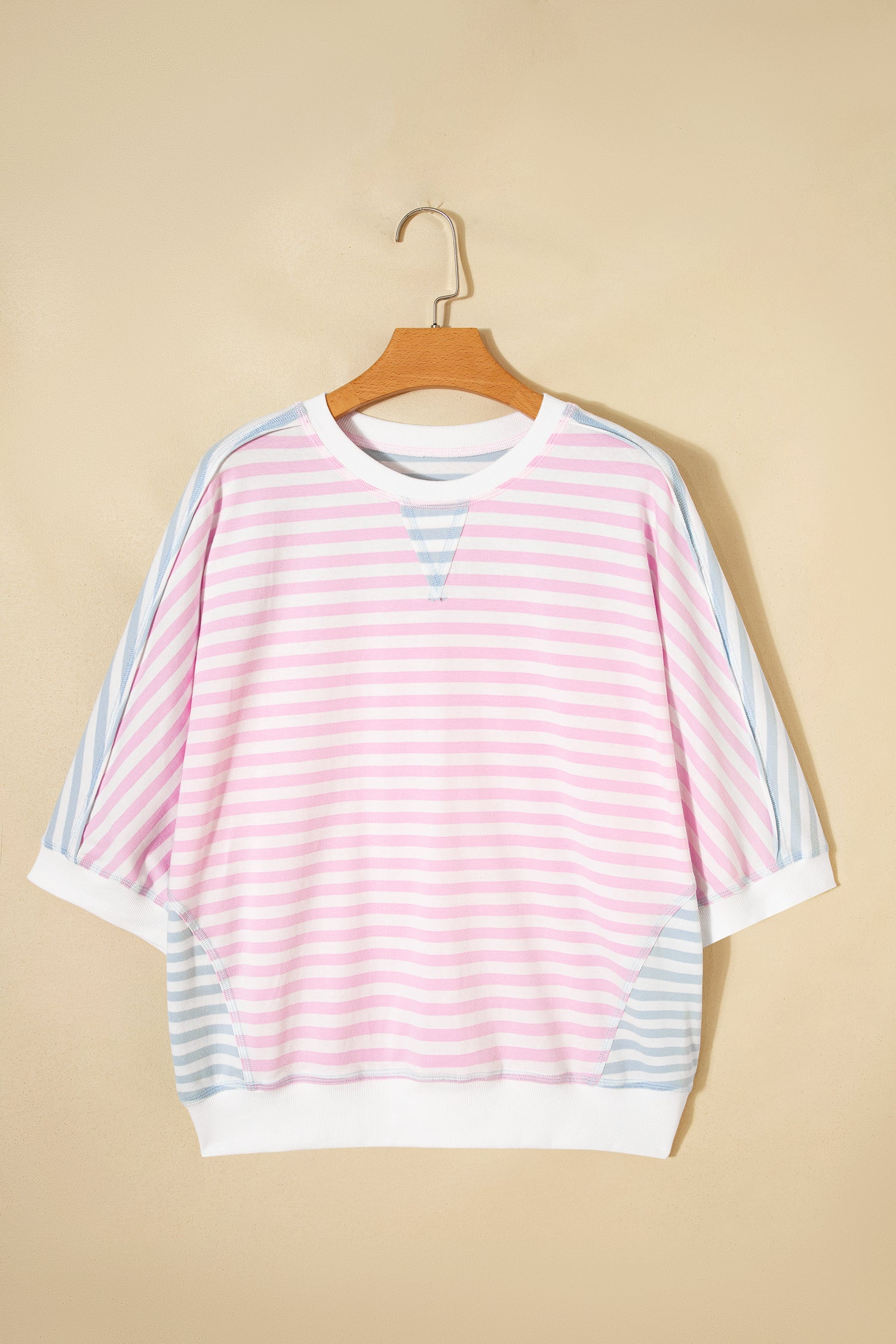 Casual Stripe Oversize Dolman Sleeve Patchwork T Shirt-Tops/Tops & Tees-[Adult]-[Female]-2022 Online Blue Zone Planet