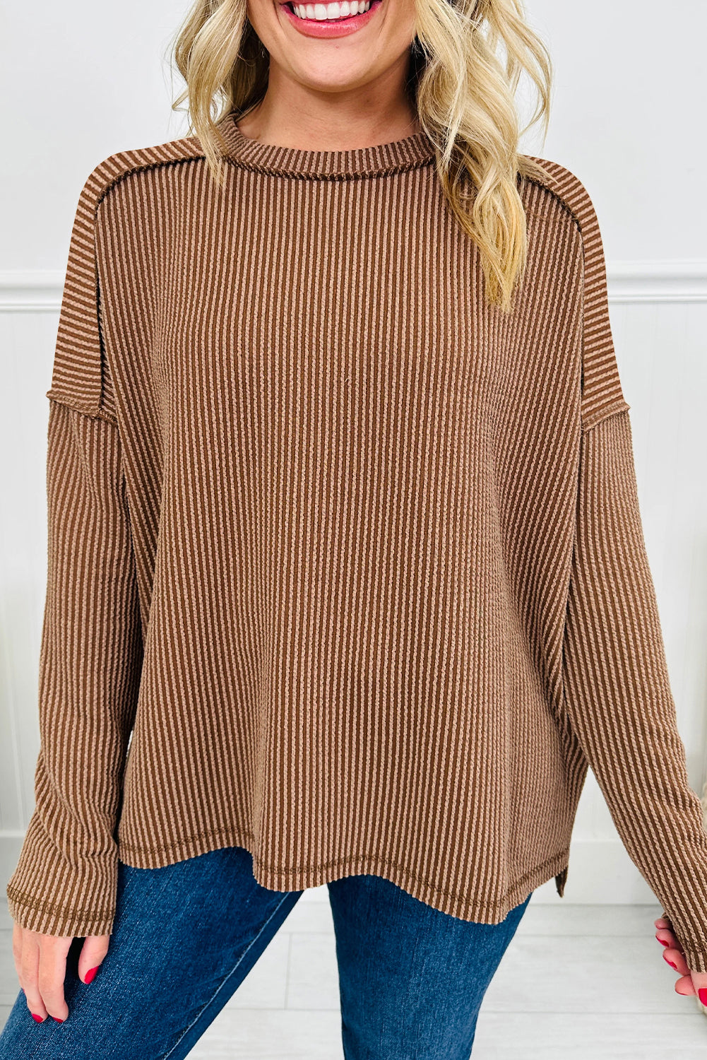 Dark Khaki Twist Ribbed Exposed Seam Detail Long Sleeve Loose Top-Tops/Long Sleeve Tops-[Adult]-[Female]-Dark Khaki-S-2022 Online Blue Zone Planet