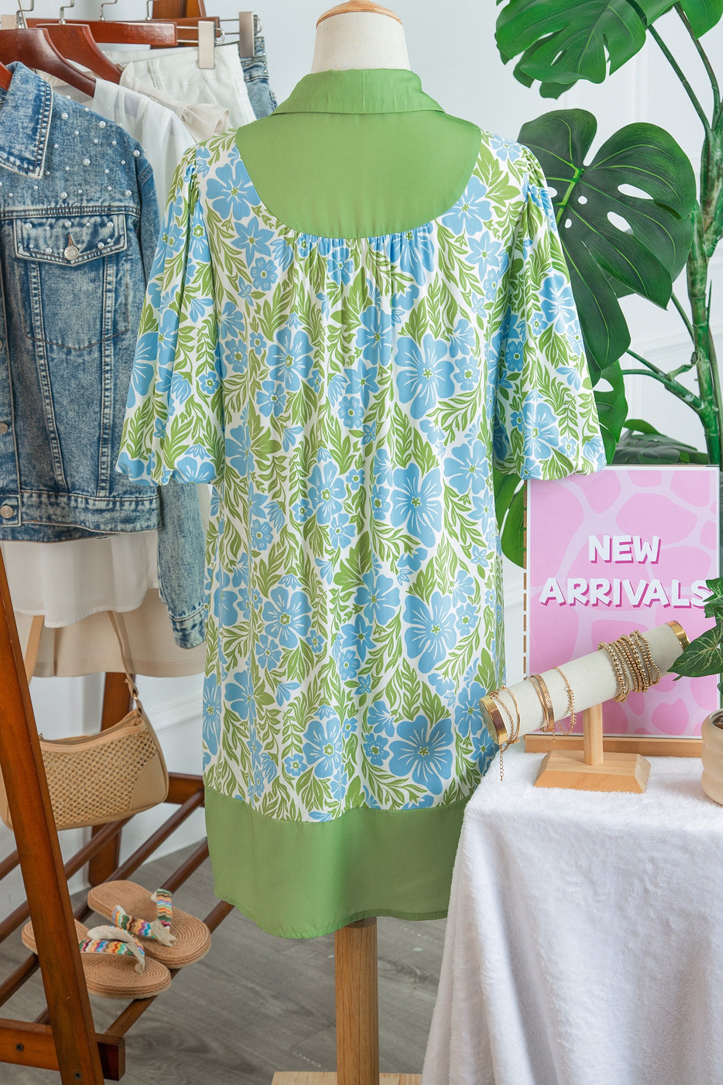 Sky Blue Floral Print Color Block Patchwork Shirt Collar Half Sleeve Mini Dress-TOPS / DRESSES-[Adult]-[Female]-2022 Online Blue Zone Planet