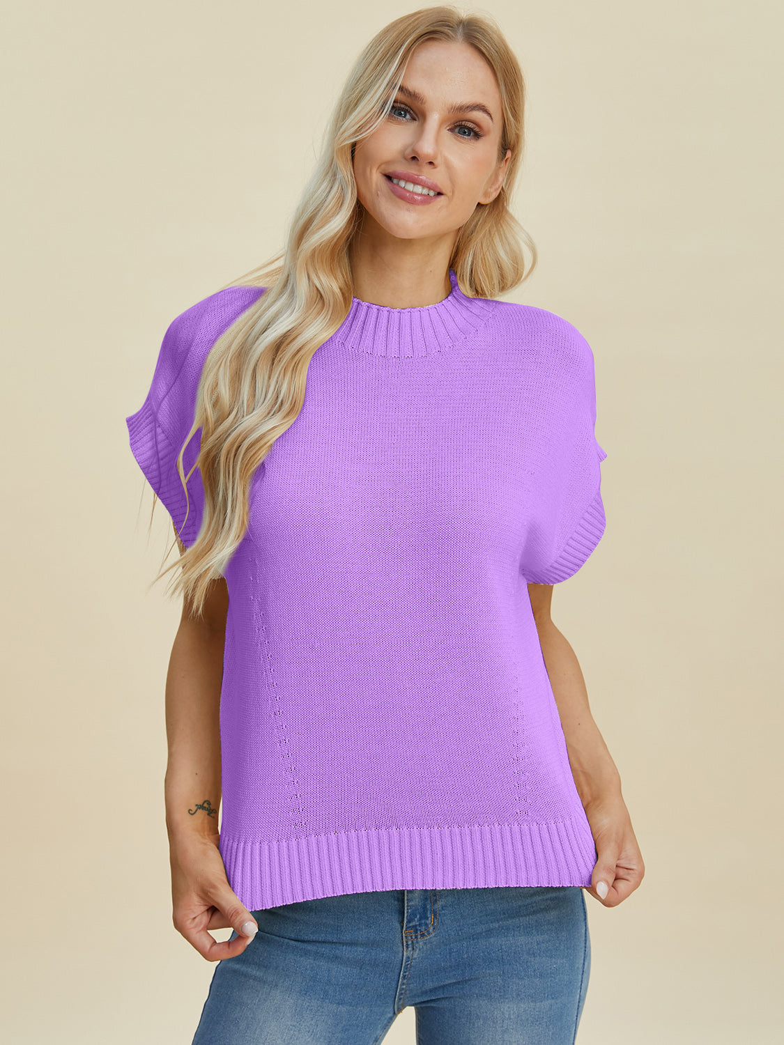 Double Take Full Size Mock Neck Short Sleeve Sweater-TOPS / DRESSES-[Adult]-[Female]-2022 Online Blue Zone Planet