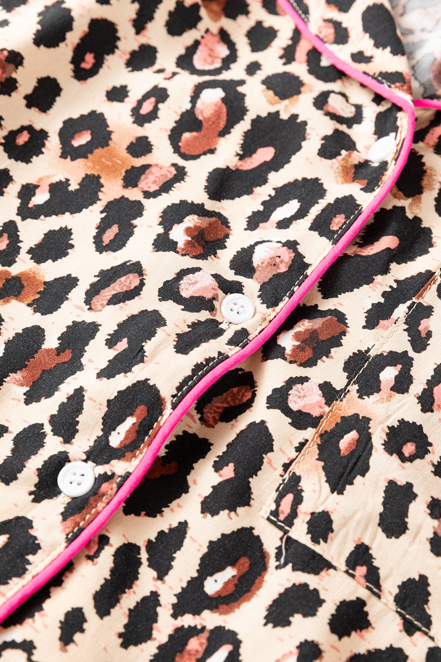 Light French Beige Leopard Print Contrast Trim Long Sleeve Shirt Drawstring Ruffle Hem Short Set-Two Piece Sets/Short Sets-[Adult]-[Female]-2022 Online Blue Zone Planet