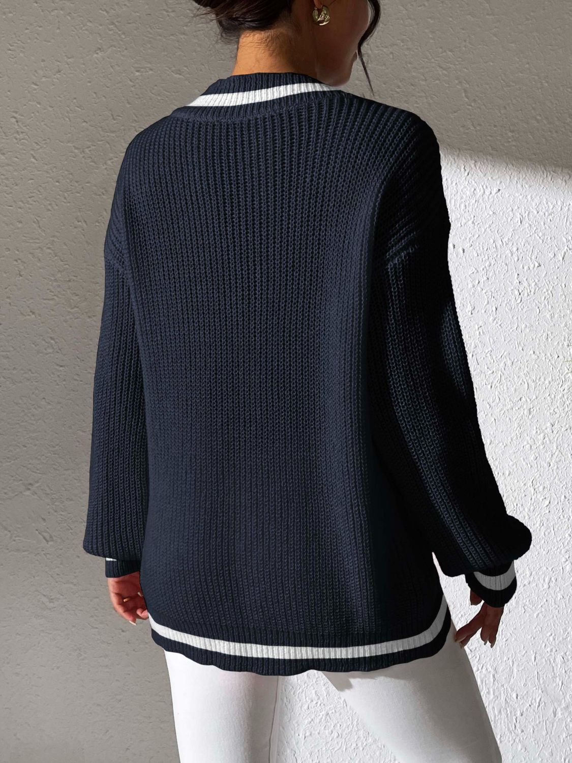 Contrast Trim V-Neck Long Sleeve Sweater-TOPS / DRESSES-[Adult]-[Female]-2022 Online Blue Zone Planet