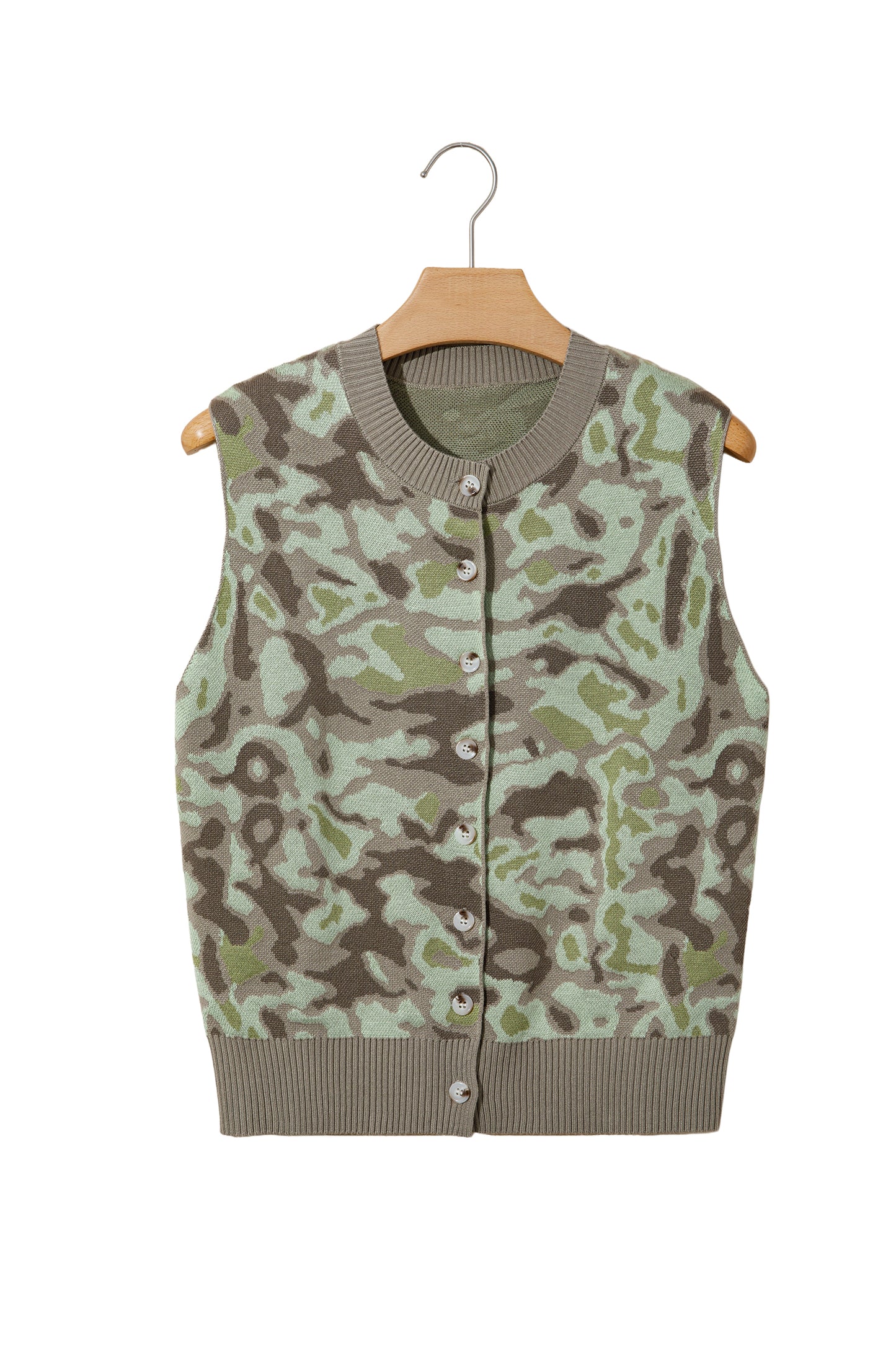 Green Camo Print Button Front Loose Sweater Vest-TOPS / DRESSES-[Adult]-[Female]-2022 Online Blue Zone Planet