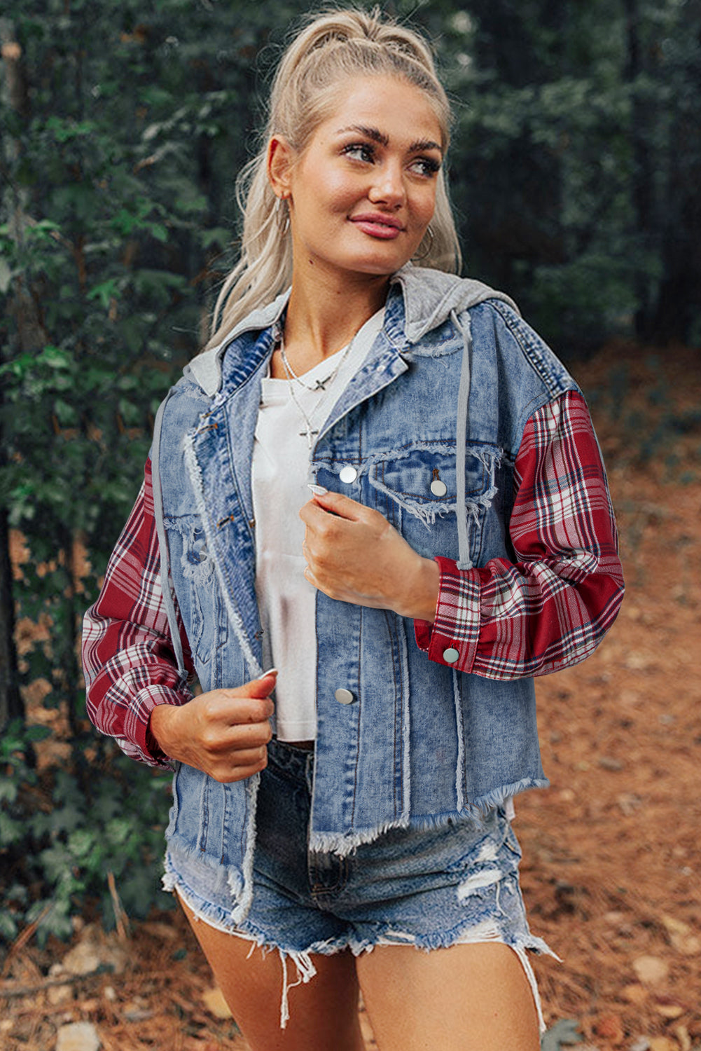 Blue Zone Planet | Beau Blue Plaid Print Patchwork Hooded Raw Hem Denim Jacket-Outerwear/Denim jackets-[Adult]-[Female]-2022 Online Blue Zone Planet