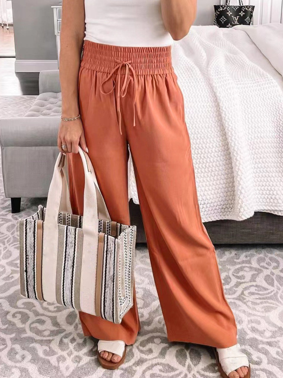 Full Size Drawstring High Waist Wide Leg Pants-BOTTOMS SIZES SMALL MEDIUM LARGE-[Adult]-[Female]-Orange-Red-S-2022 Online Blue Zone Planet