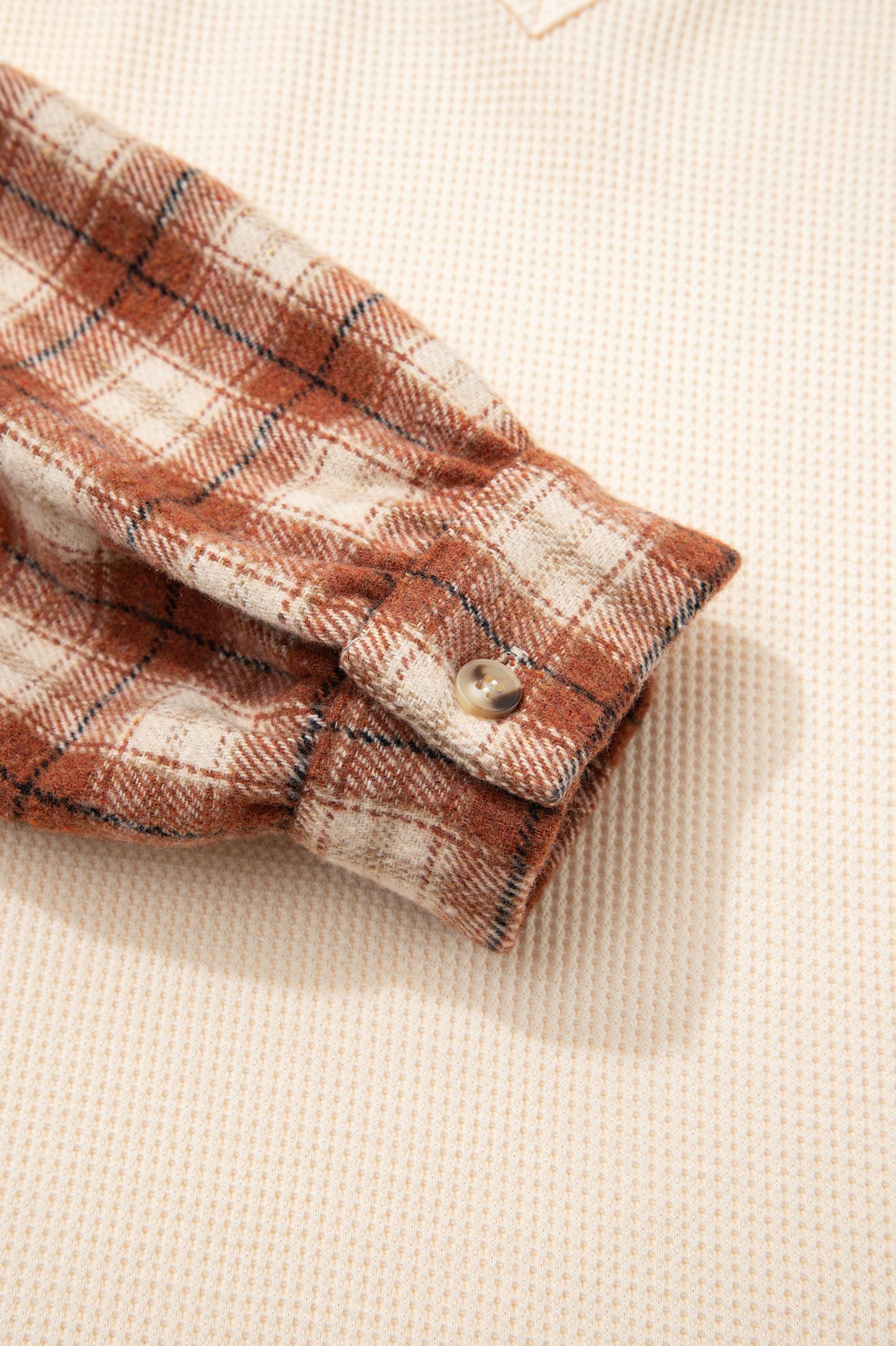 Beige Waffle Textured V Neck Plaid Colorblock Drop Shoulder Long Sleeve Top-Tops/Long Sleeve Tops-[Adult]-[Female]-2022 Online Blue Zone Planet
