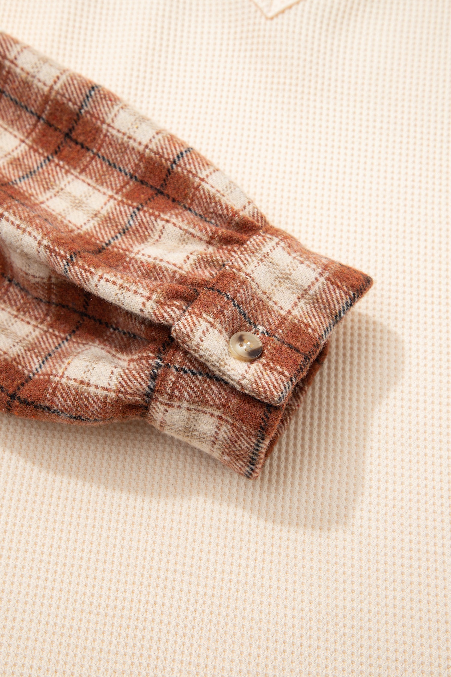 Beige Waffle Textured V Neck Plaid Colorblock Drop Shoulder Long Sleeve Top-Tops/Long Sleeve Tops-[Adult]-[Female]-2022 Online Blue Zone Planet