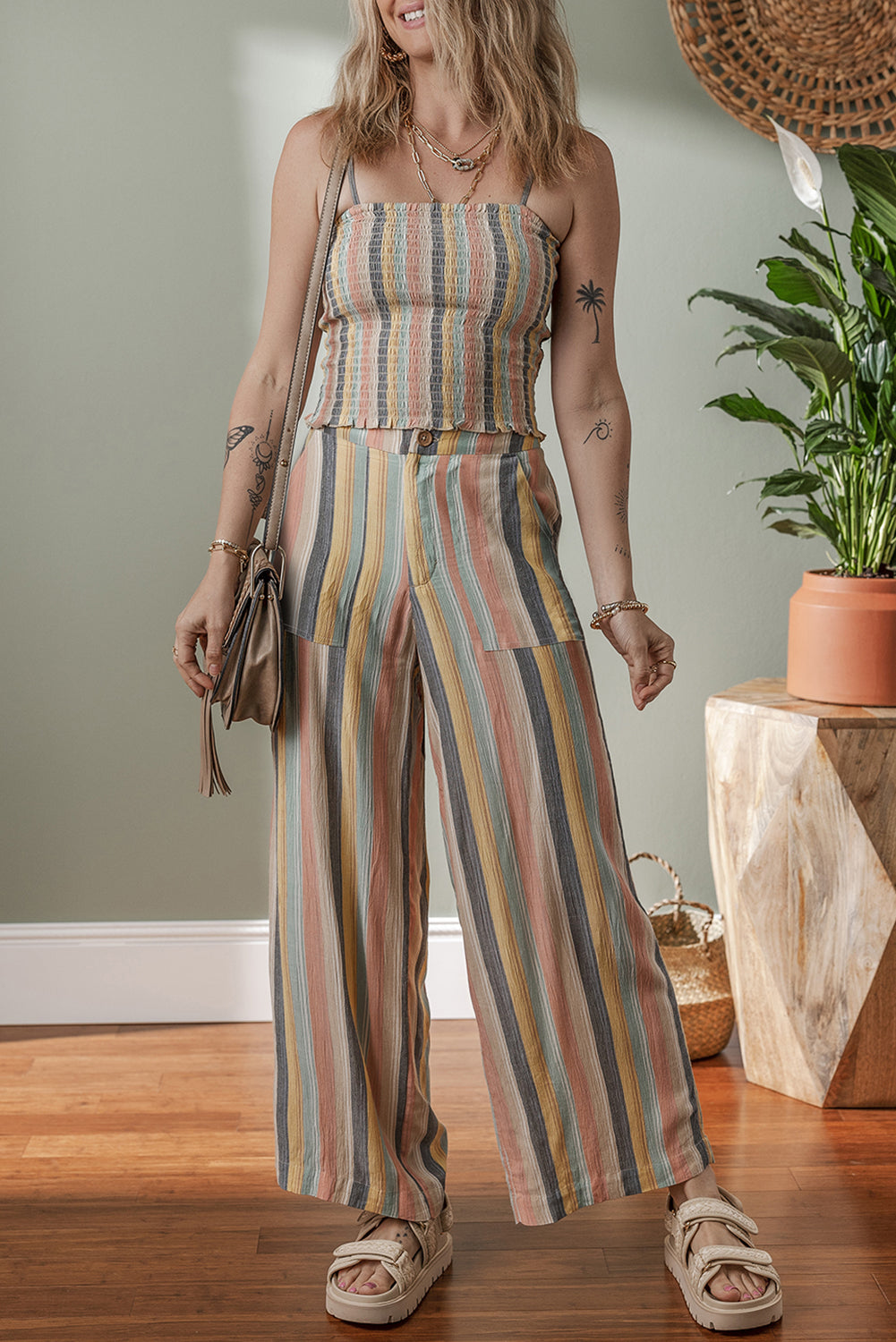 Multicolour Vertical Striped Smocked Cami Top Wide Leg Pants Set-Two Piece Sets/Pant Sets-[Adult]-[Female]-2022 Online Blue Zone Planet