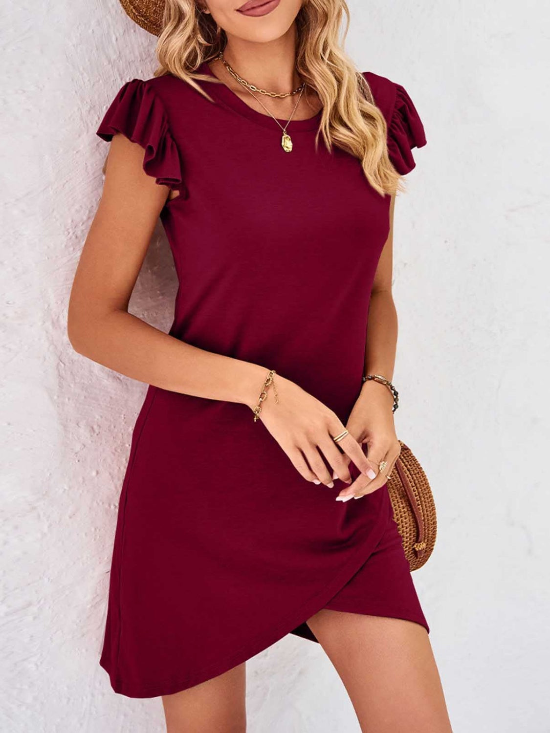 Ruffled Round Neck Cap Sleeve Mini Dress-TOPS / DRESSES-[Adult]-[Female]-2022 Online Blue Zone Planet