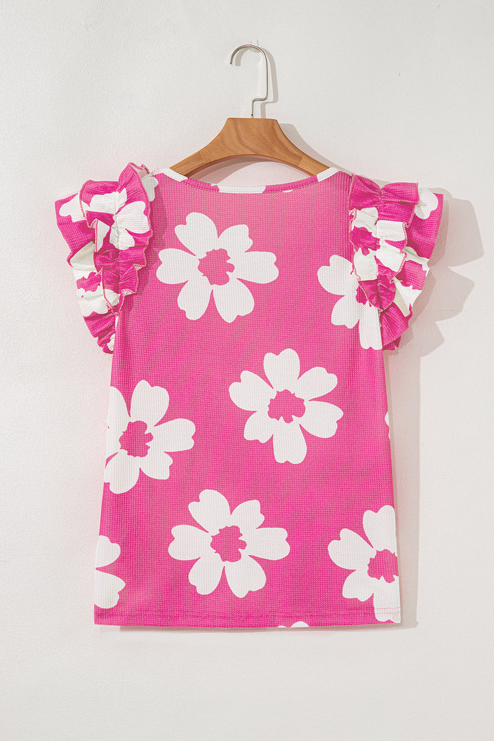 Pink Floral Textured Ruffled Short Sleeve Square Neck Blouse-Tops/Blouses & Shirts-[Adult]-[Female]-2022 Online Blue Zone Planet