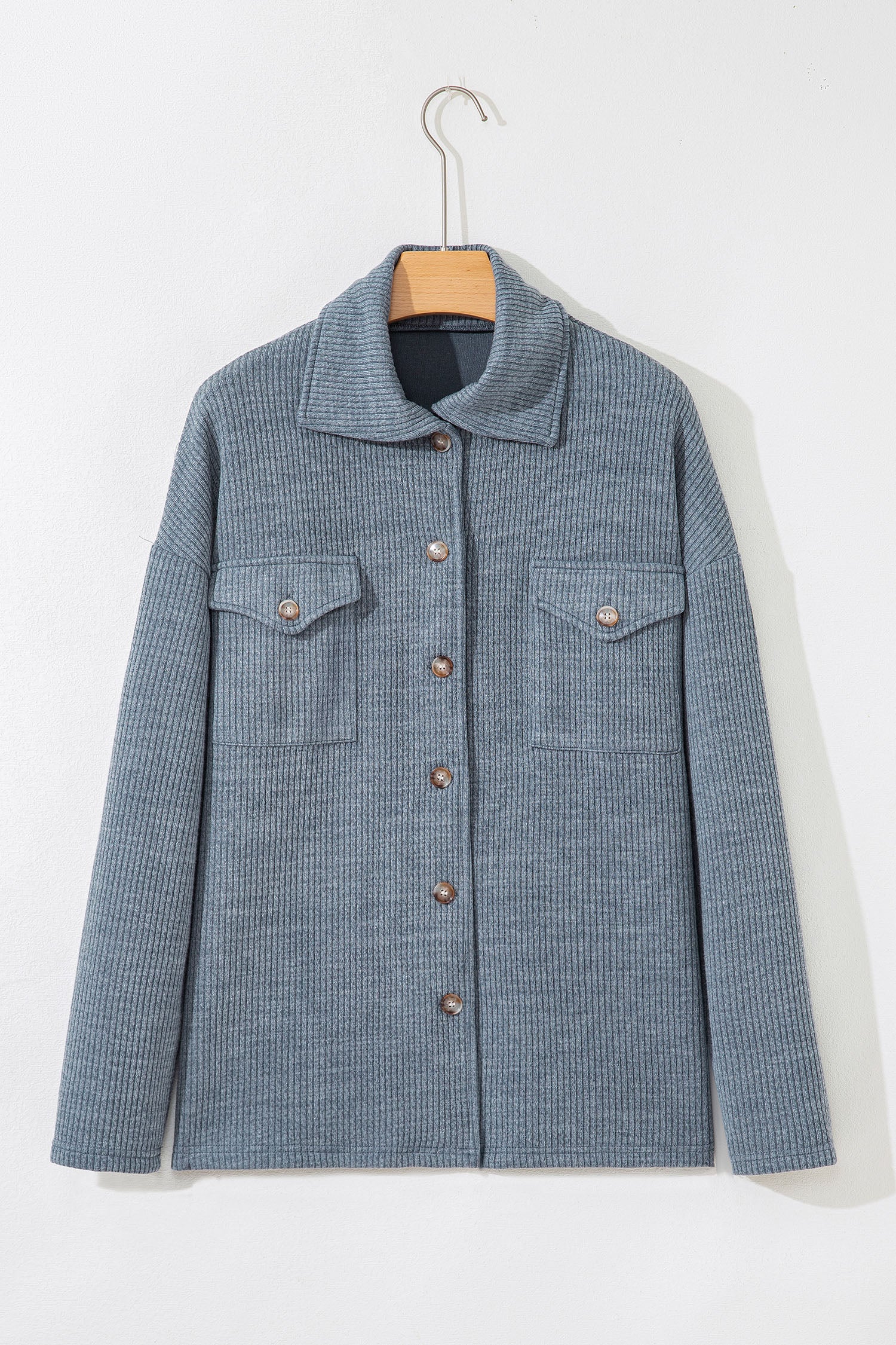 Red Sandalwood Ribbed Knit Buttons Front Flap Pocket Casual Shacket-Outerwear/Jackets-[Adult]-[Female]-2022 Online Blue Zone Planet