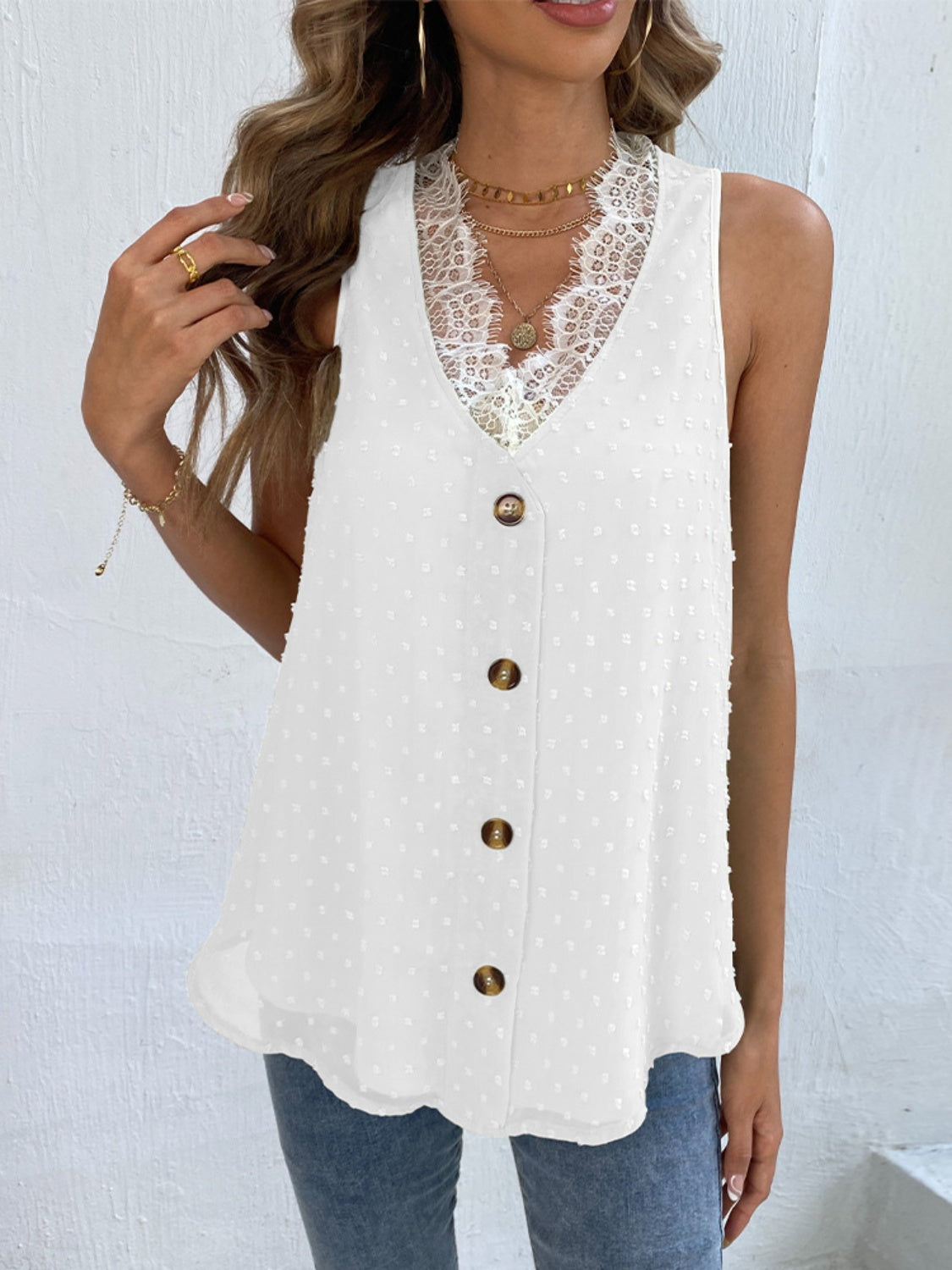 Shiny Swiss Dot Lace Detail V-Neck Tank-TOPS / DRESSES-[Adult]-[Female]-White-S-2022 Online Blue Zone Planet