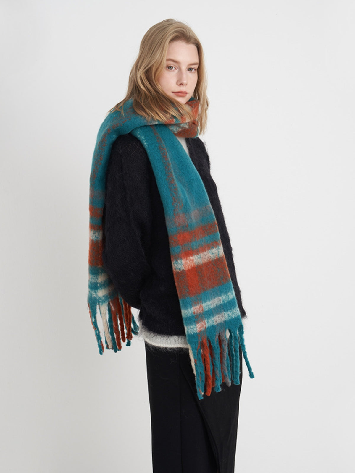 Fringe Plaid Polyester Scarf-SCARVES-[Adult]-[Female]-Blue/Orange/White plaid-One Size-2022 Online Blue Zone Planet