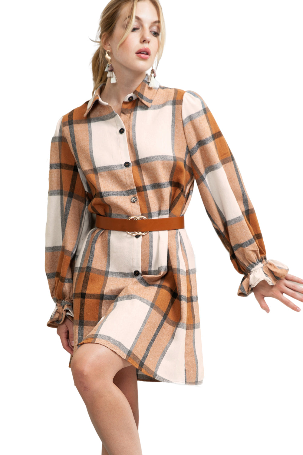 Khaki Plaid Pattern Collared Neck Ruffled Sleeve Shirt Dress-Short Dresses-[Adult]-[Female]-2022 Online Blue Zone Planet