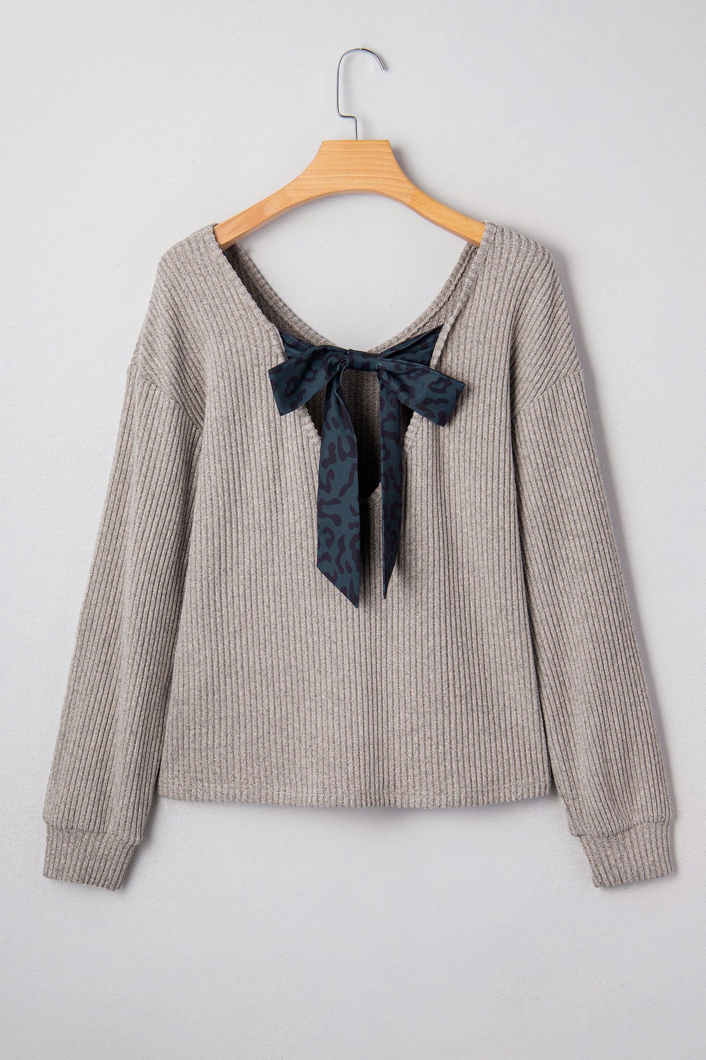 Simply Taupe Ribbed V Neck Contrast Ribbon Bow Back Drop Shoulder Long Sleeve Top-Tops/Blouses & Shirts-[Adult]-[Female]-2022 Online Blue Zone Planet