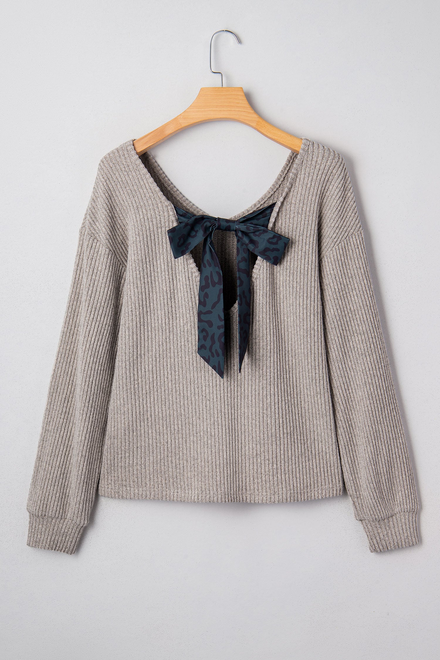 Simply Taupe Ribbed V Neck Contrast Ribbon Bow Back Drop Shoulder Long Sleeve Top-Tops/Blouses & Shirts-[Adult]-[Female]-2022 Online Blue Zone Planet